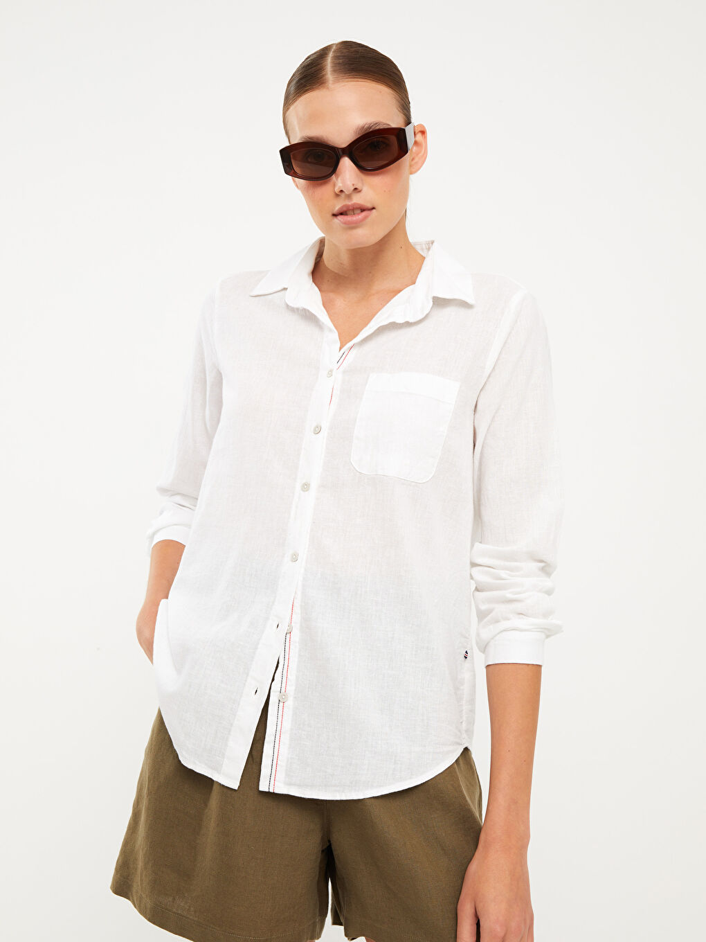 Chemise en Popeline à Boutons, Coupe Régulière, Manches Longues pour Femmes