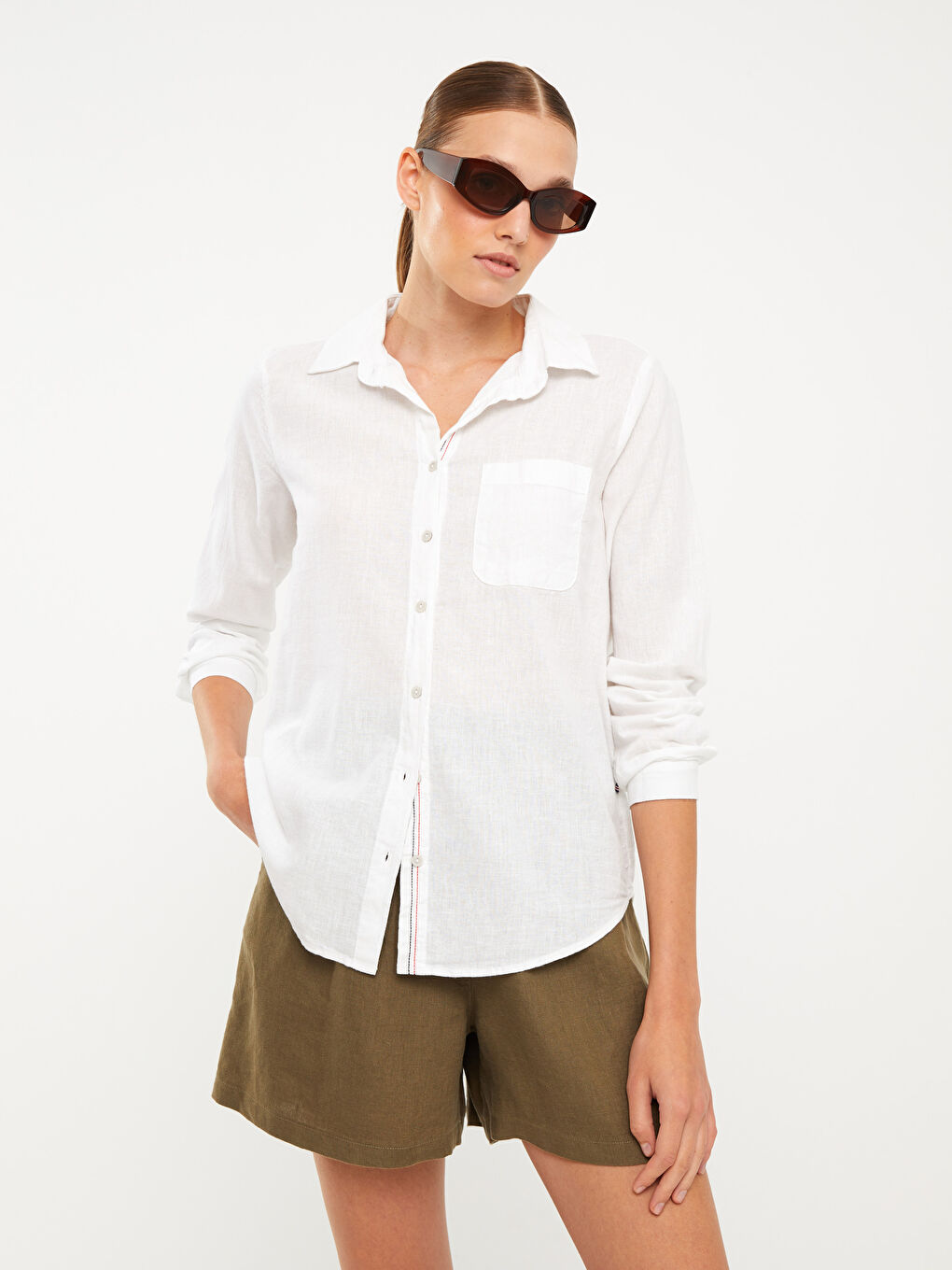 Chemise en Popeline à Boutons, Coupe Régulière, Manches Longues pour Femmes-1