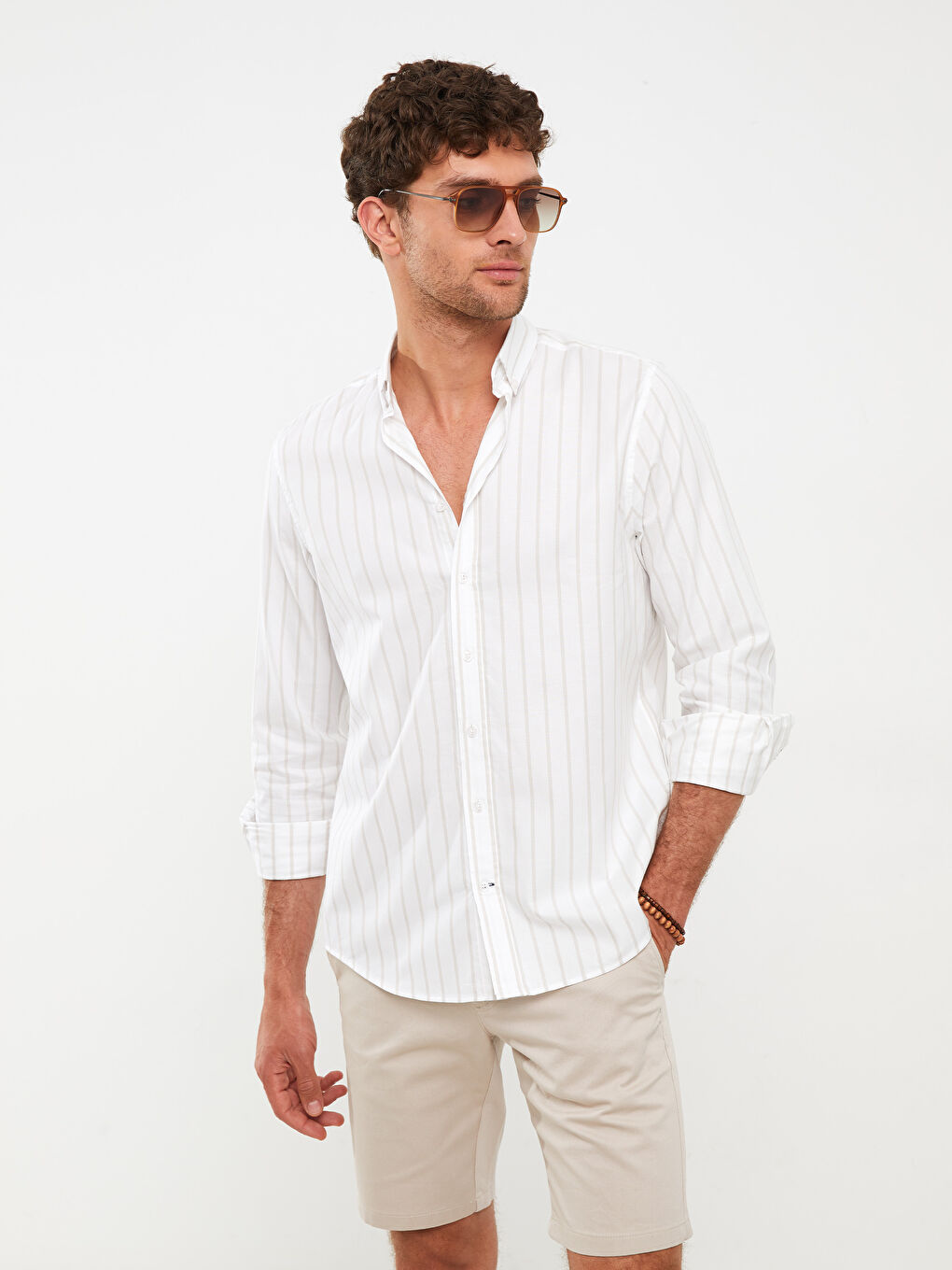 Bej Regular Fit Uzun Kollu Çizgili Erkek Gömlek
