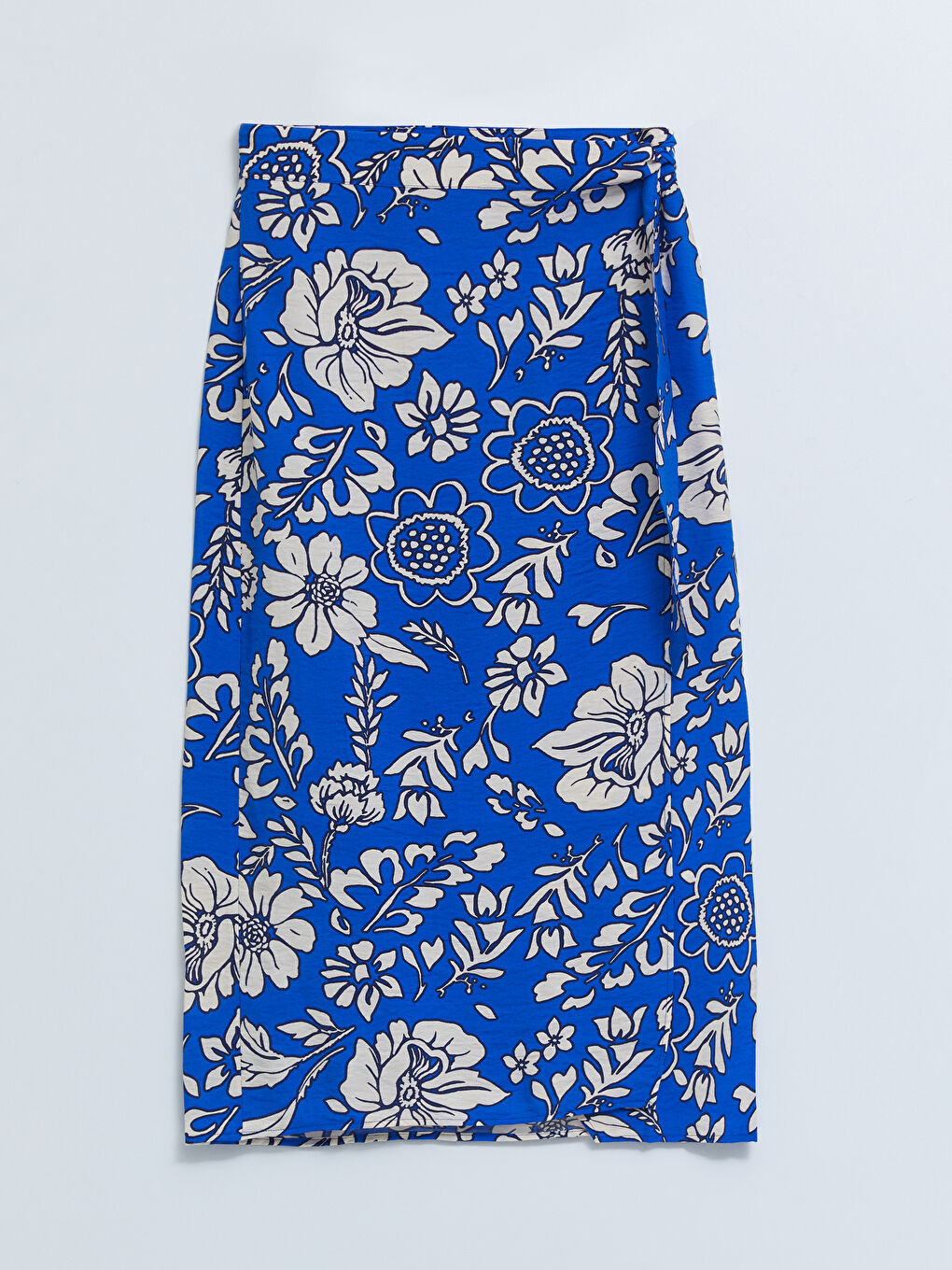 Lacivert Beli Bağlamalı Çiçekli A Kesim Saten Kadın Etek-5