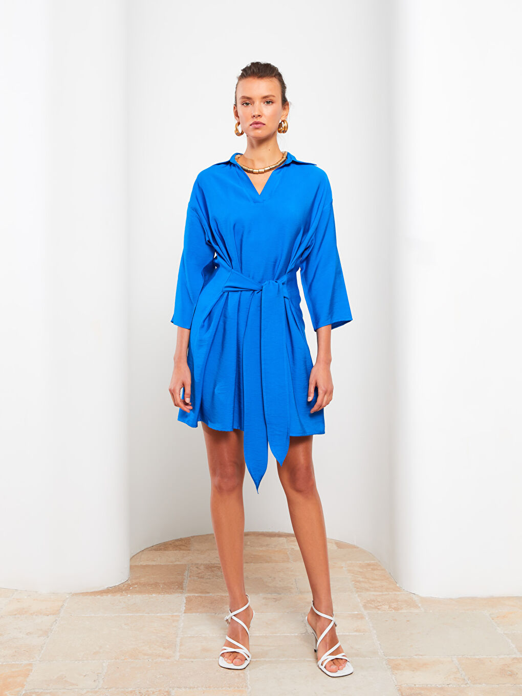 Mavi Gömlek Yaka Düz Uzun Kollu Kadın Elbise