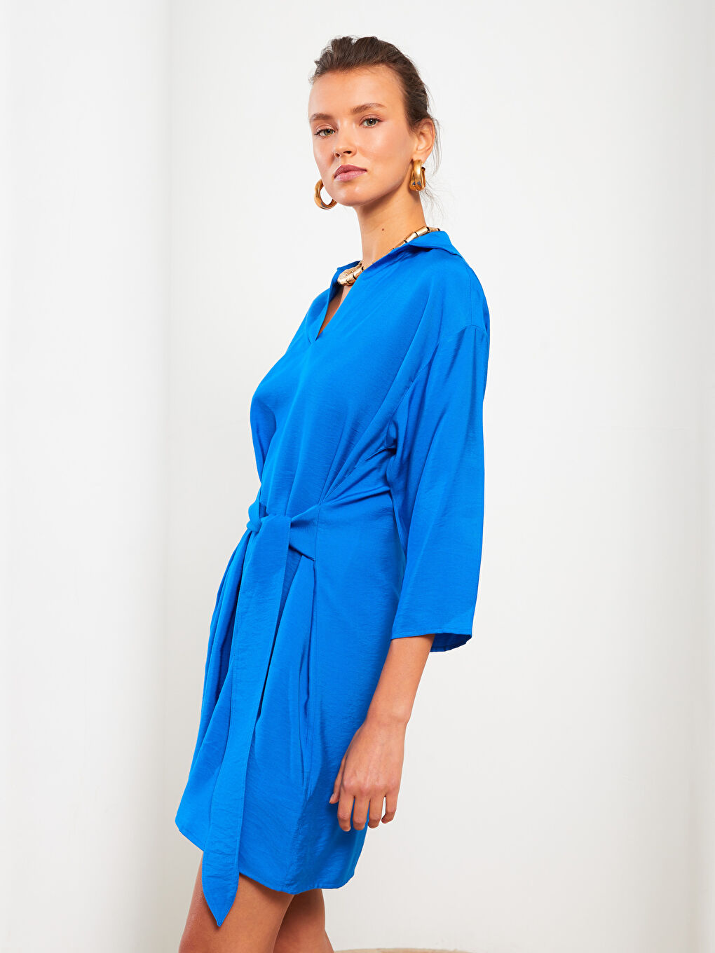 Mavi Gömlek Yaka Düz Uzun Kollu Kadın Elbise-3