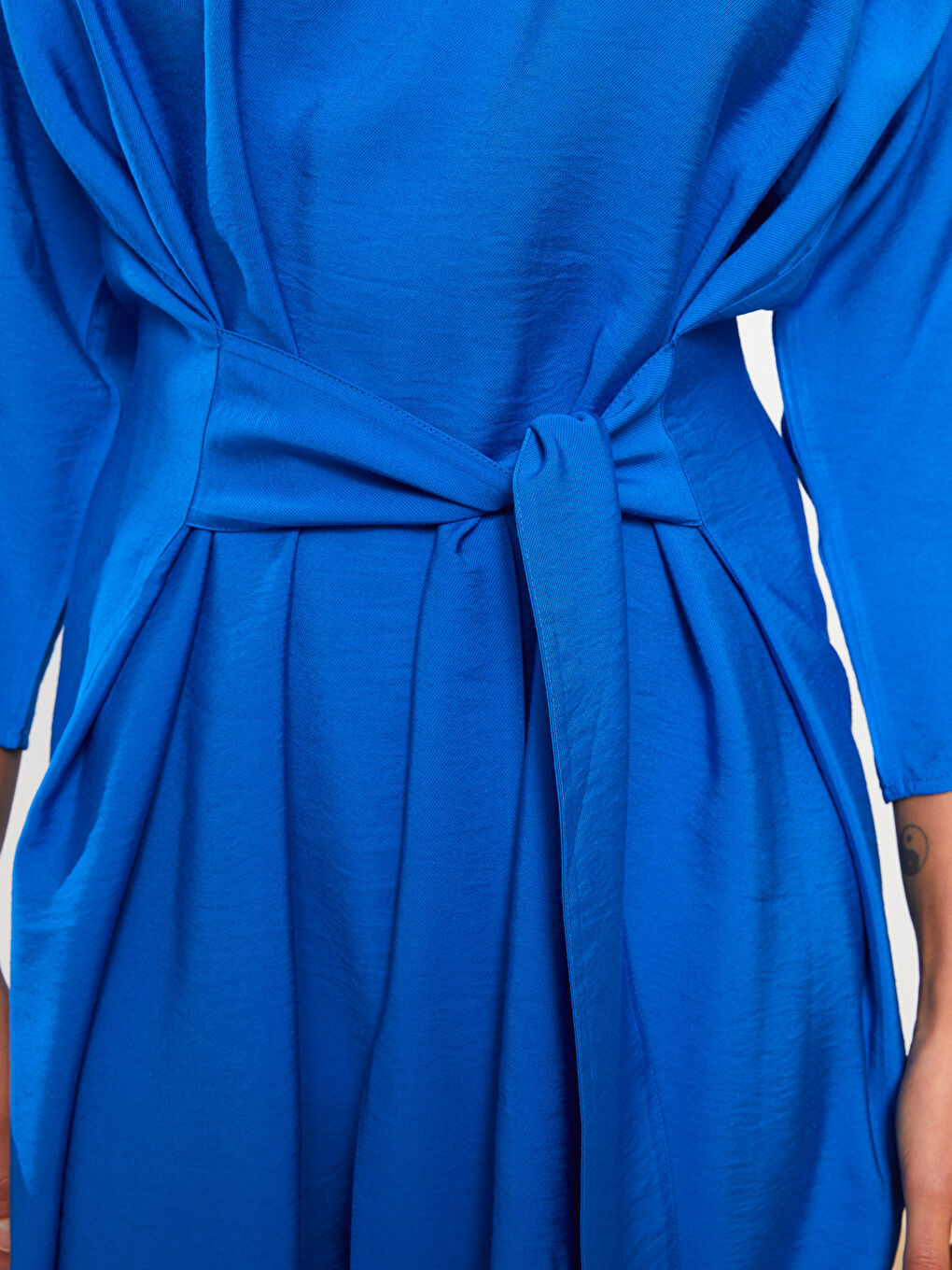 Mavi Gömlek Yaka Düz Uzun Kollu Kadın Elbise-4
