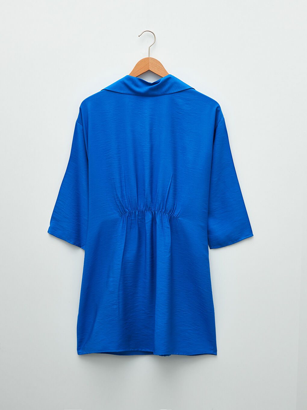 Mavi Gömlek Yaka Düz Uzun Kollu Kadın Elbise-7