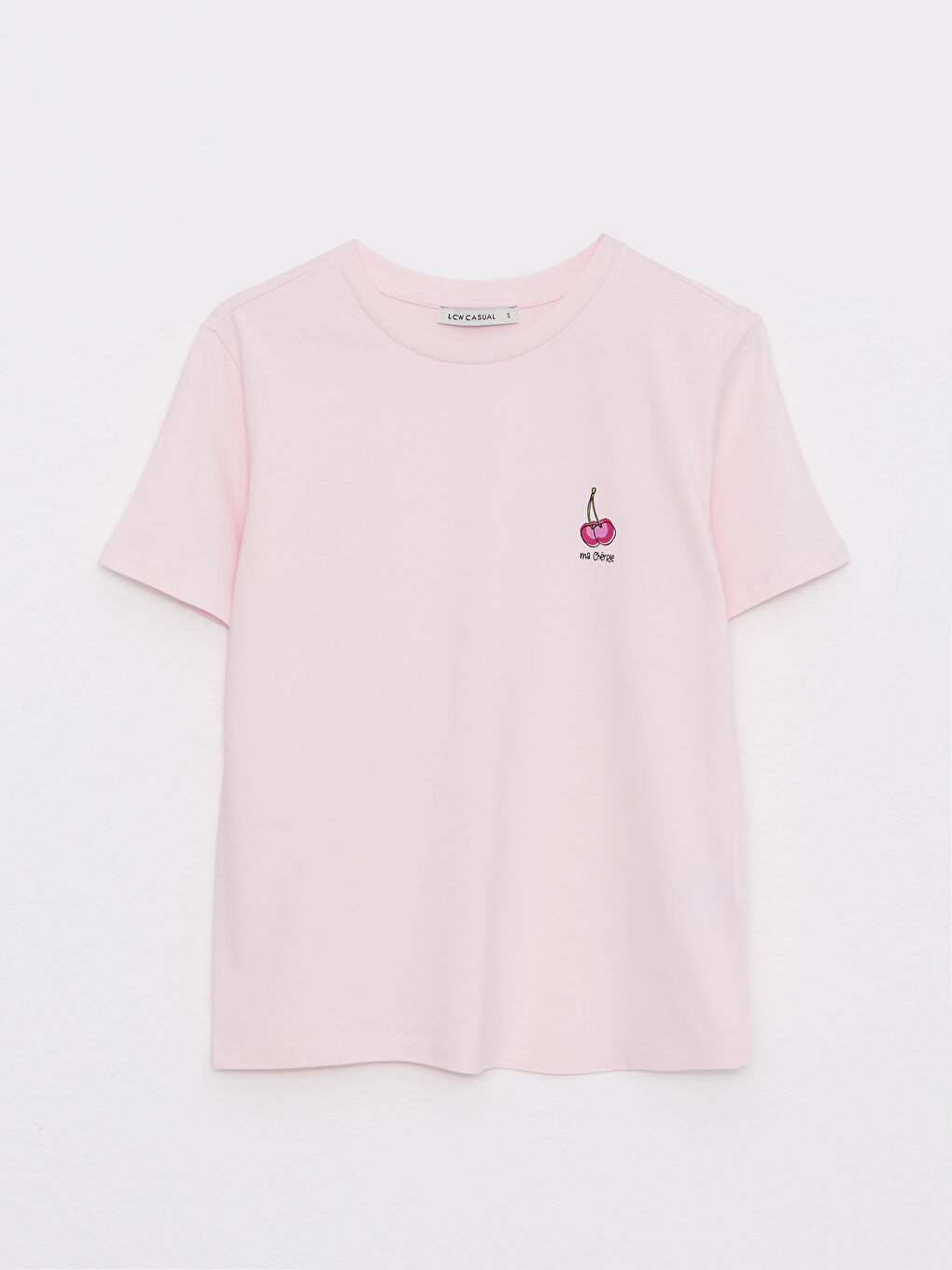 Pembe Bisiklet Yaka Baskılı Kısa Kollu Pamuklu Kadın Tişört-5