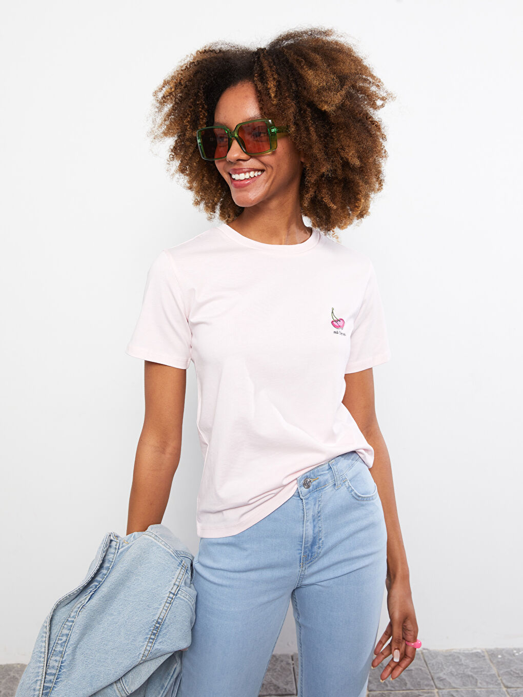 Pembe Bisiklet Yaka Baskılı Kısa Kollu Pamuklu Kadın Tişört-1