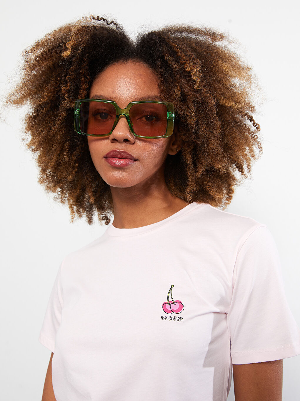 Pembe Bisiklet Yaka Baskılı Kısa Kollu Pamuklu Kadın Tişört-2