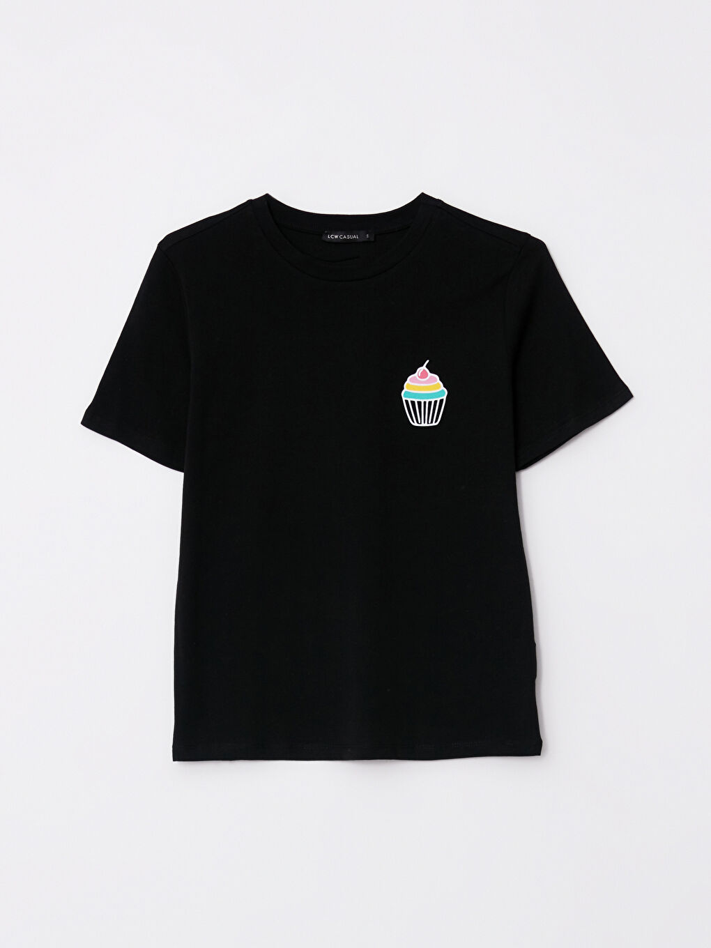 Siyah Bisiklet Yaka Baskılı Kısa Kollu Pamuklu Kadın Tişört-5