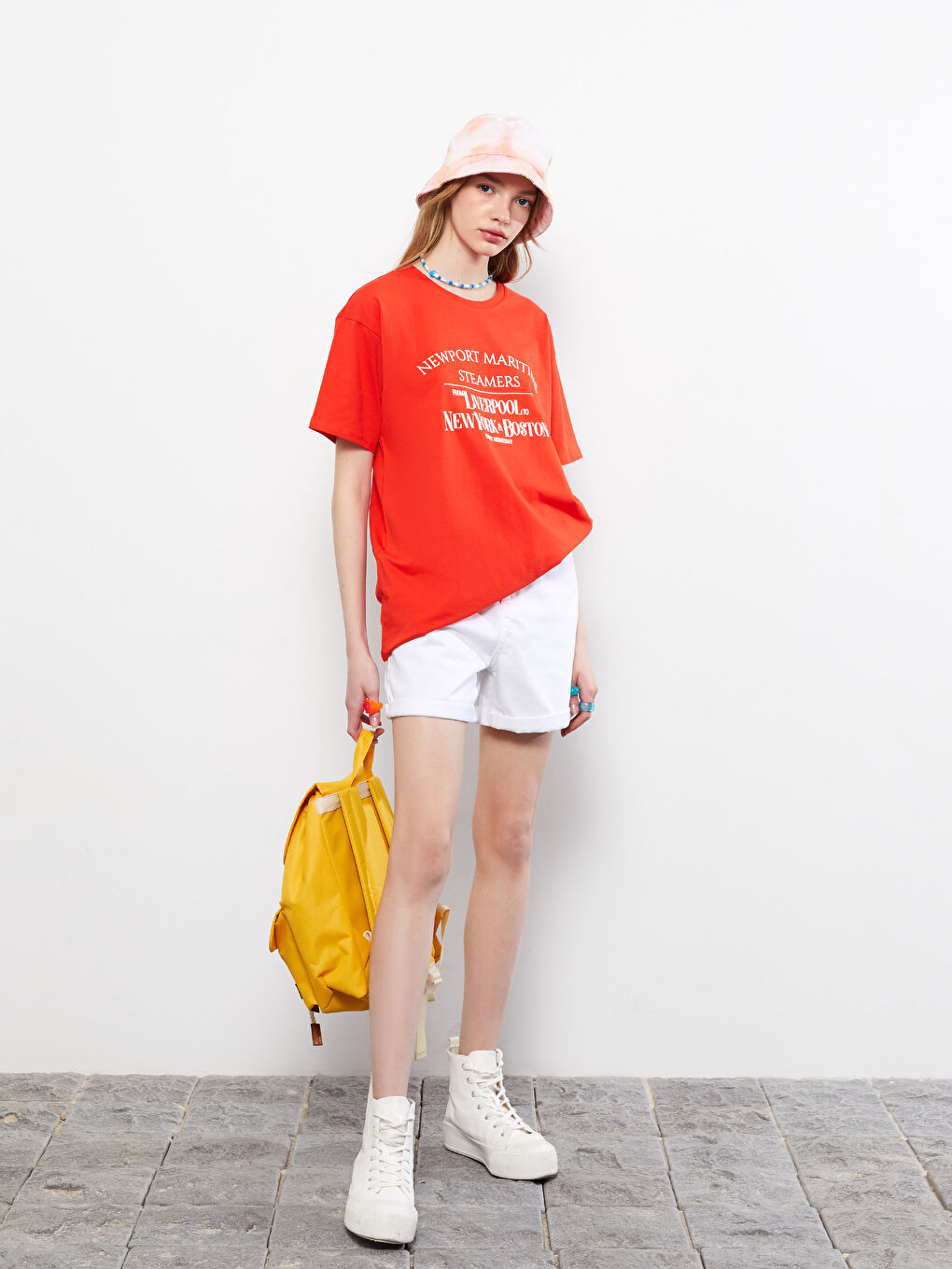 Turuncu Bisiklet Yaka Baskılı Kısa Kollu Pamuklu Kadın Tişört