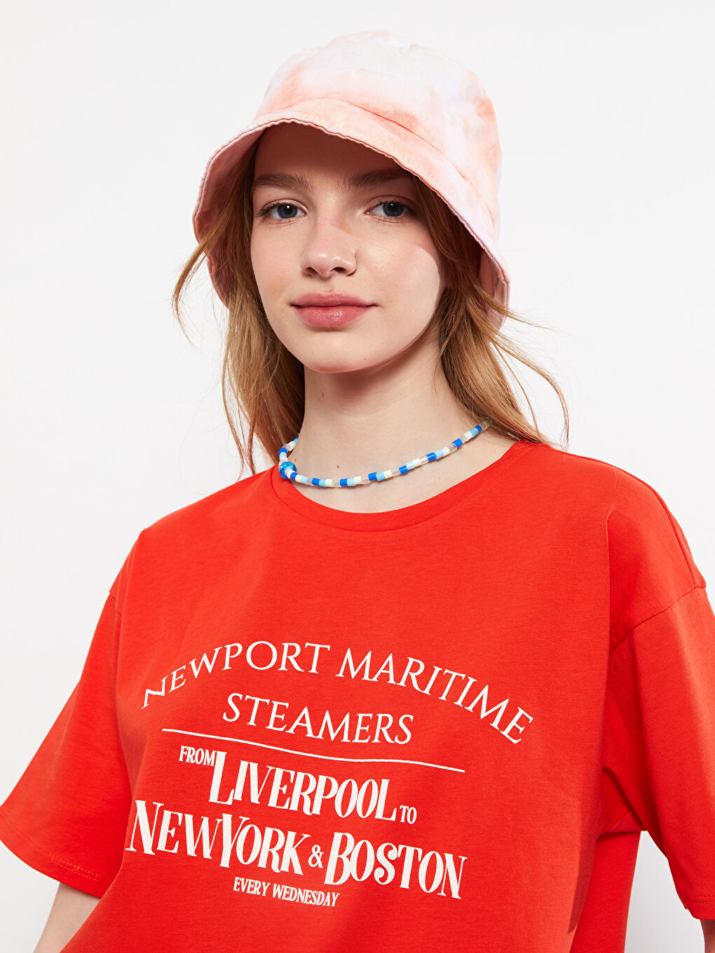 Turuncu Bisiklet Yaka Baskılı Kısa Kollu Pamuklu Kadın Tişört-2