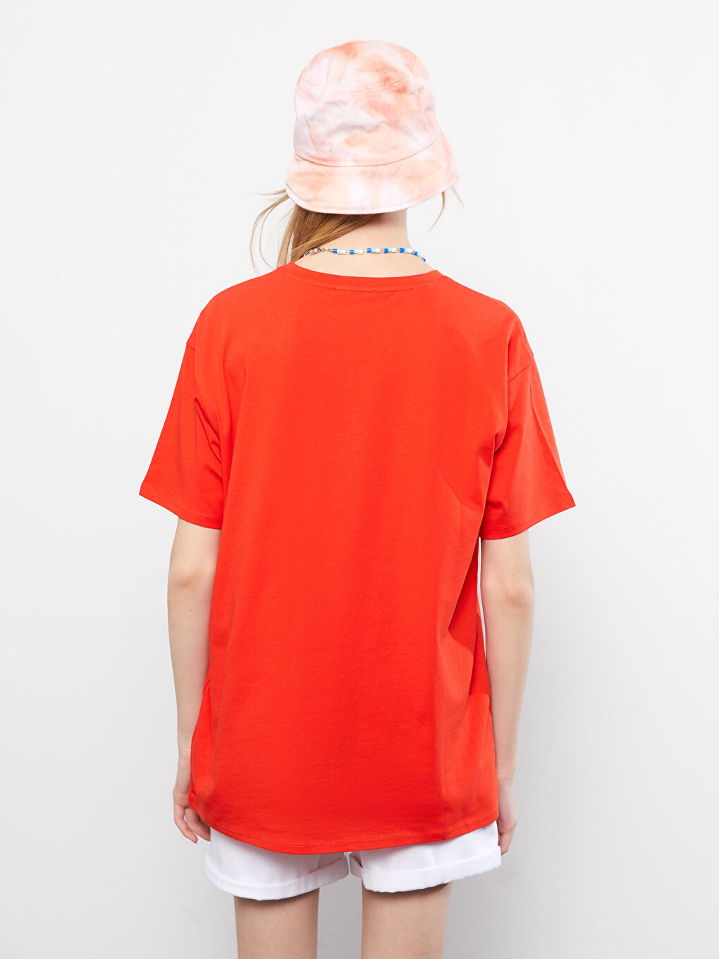 Turuncu Bisiklet Yaka Baskılı Kısa Kollu Pamuklu Kadın Tişört-4