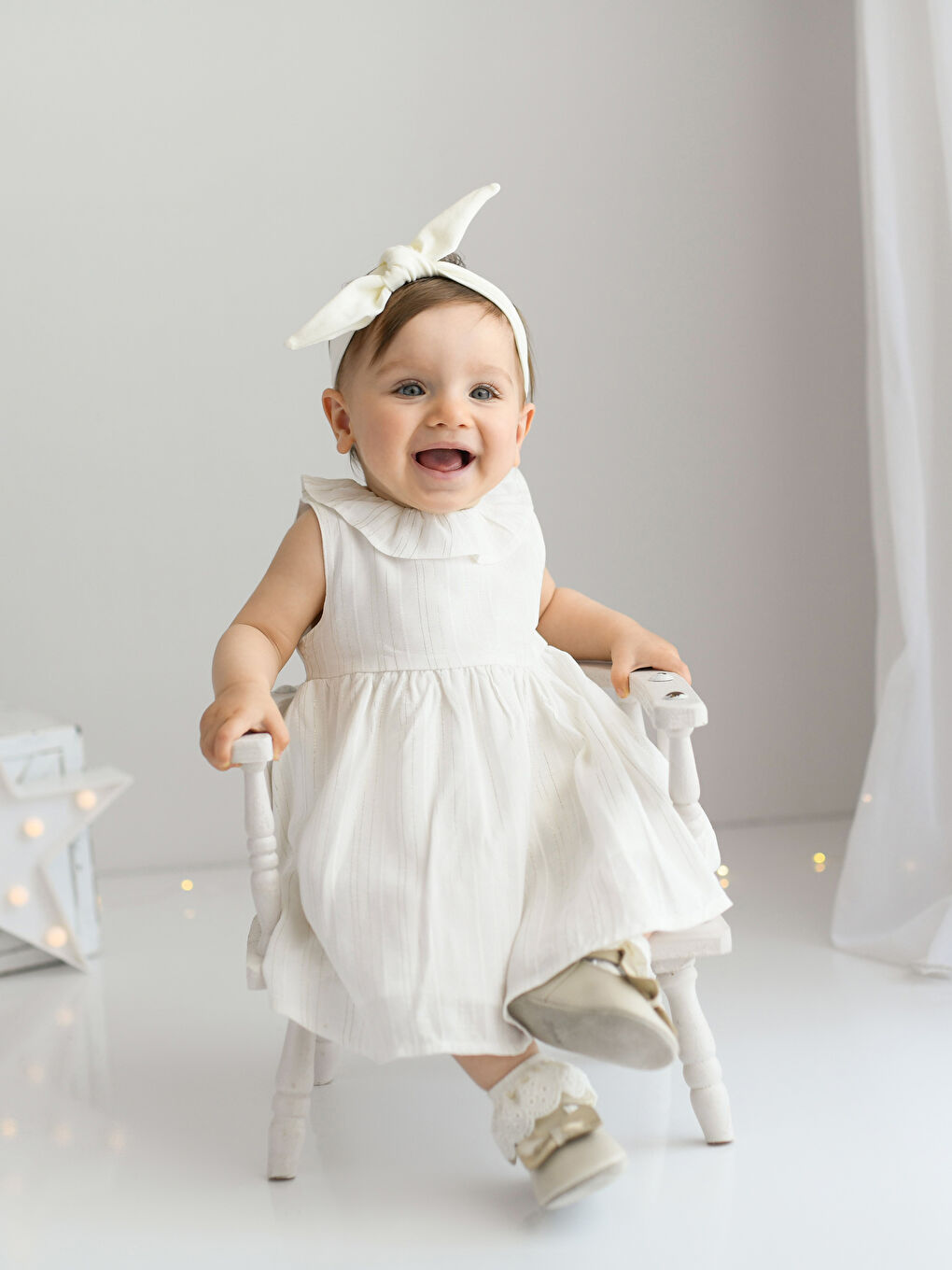 Ekru Bisiklet Yaka Baskılı Kız Bebek Elbise ve Külot 2'li Takım