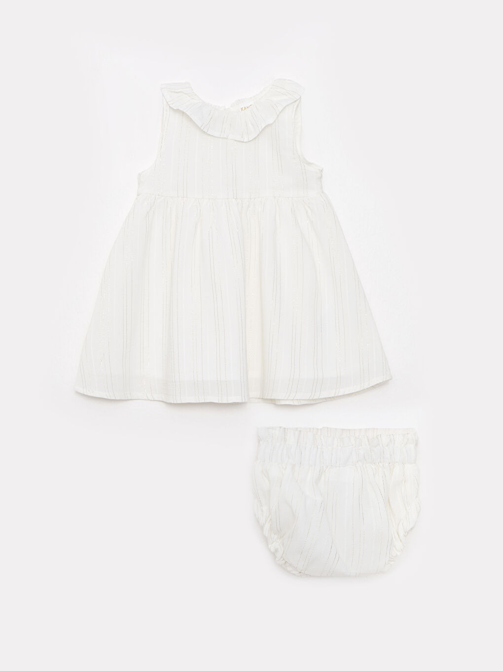 Ekru Bisiklet Yaka Baskılı Kız Bebek Elbise ve Külot 2'li Takım-3