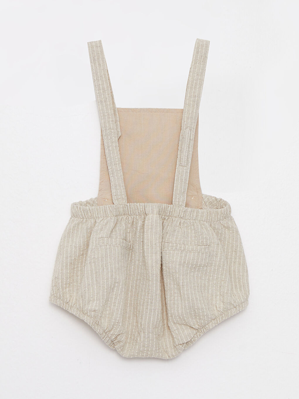 Bej Kare Yaka Askılı Çizgili Erkek Bebek Tulum-1