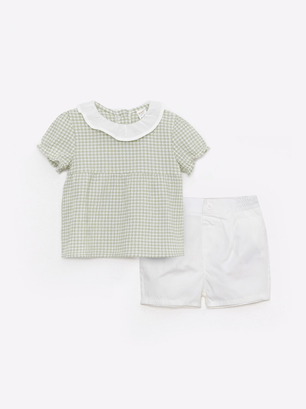 Yeşil Bisiklet Yaka Kısa Kollu Ekose Desenli Kız Bebek Tişört ve Şort 2'li Takım-5