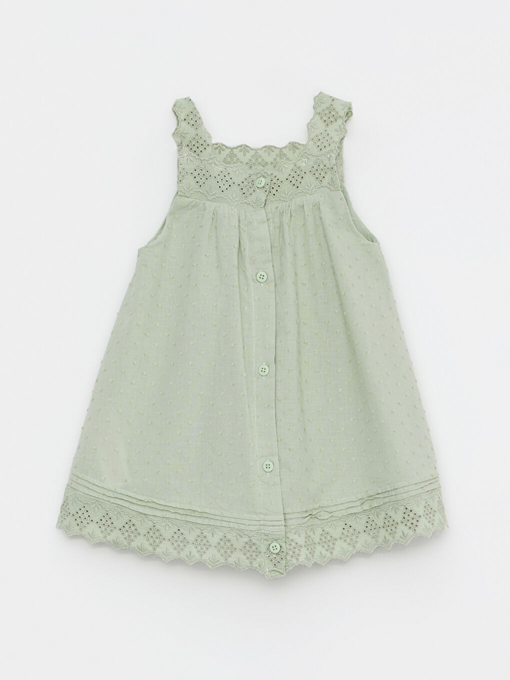 Yeşil Kare Yaka Askılı Kendinden Desenli Kız Bebek Elbise-5