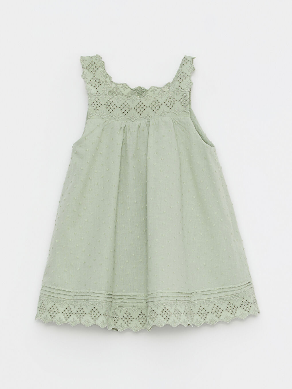 Yeşil Kare Yaka Askılı Kendinden Desenli Kız Bebek Elbise-6