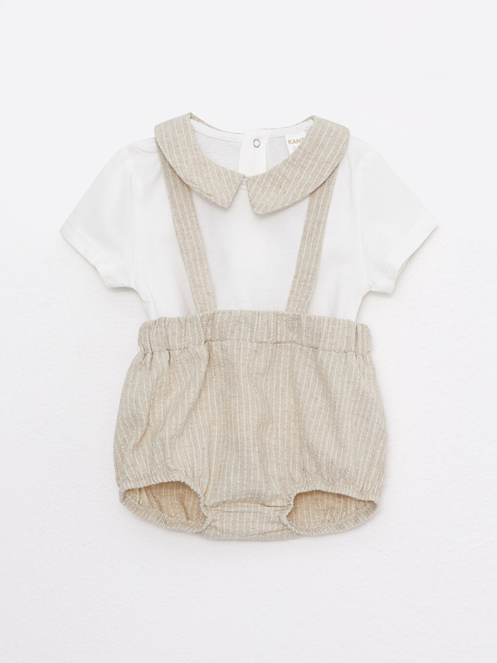 Ekru Bisiklet Yaka Kısa Kollu Erkek Bebek Tişört ve Salopet 2'li Takım-3