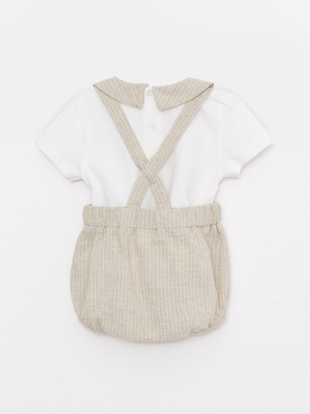 Ekru Bisiklet Yaka Kısa Kollu Erkek Bebek Tişört ve Salopet 2'li Takım-4