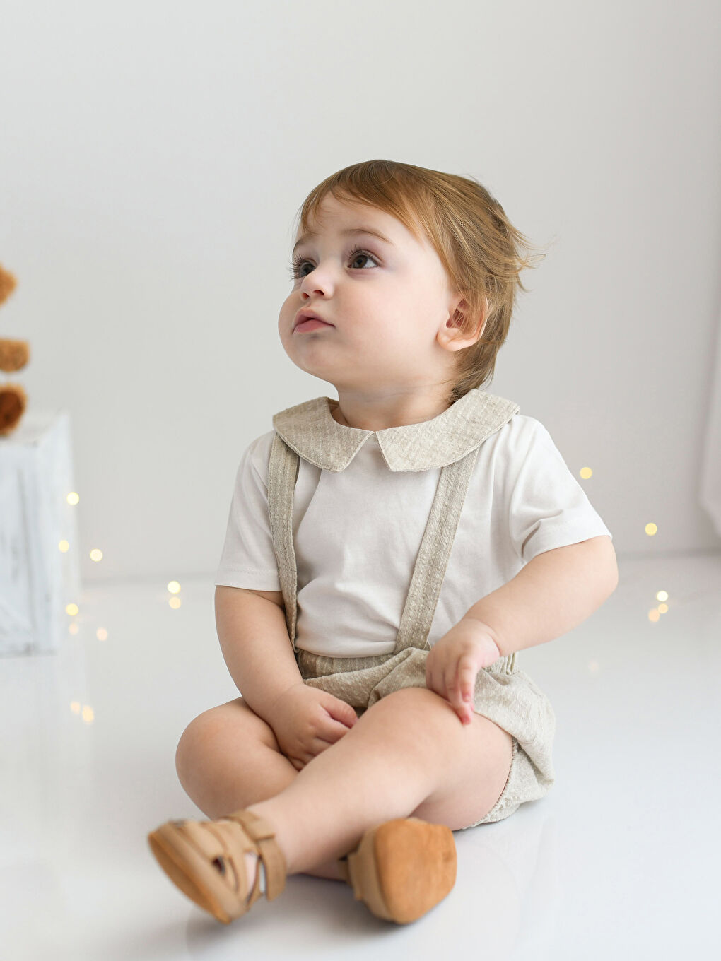 Ekru Bisiklet Yaka Kısa Kollu Erkek Bebek Tişört ve Salopet 2'li Takım-1