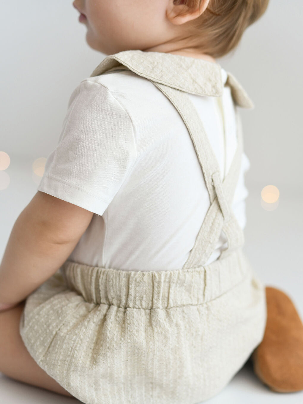 Ekru Bisiklet Yaka Kısa Kollu Erkek Bebek Tişört ve Salopet 2'li Takım-2