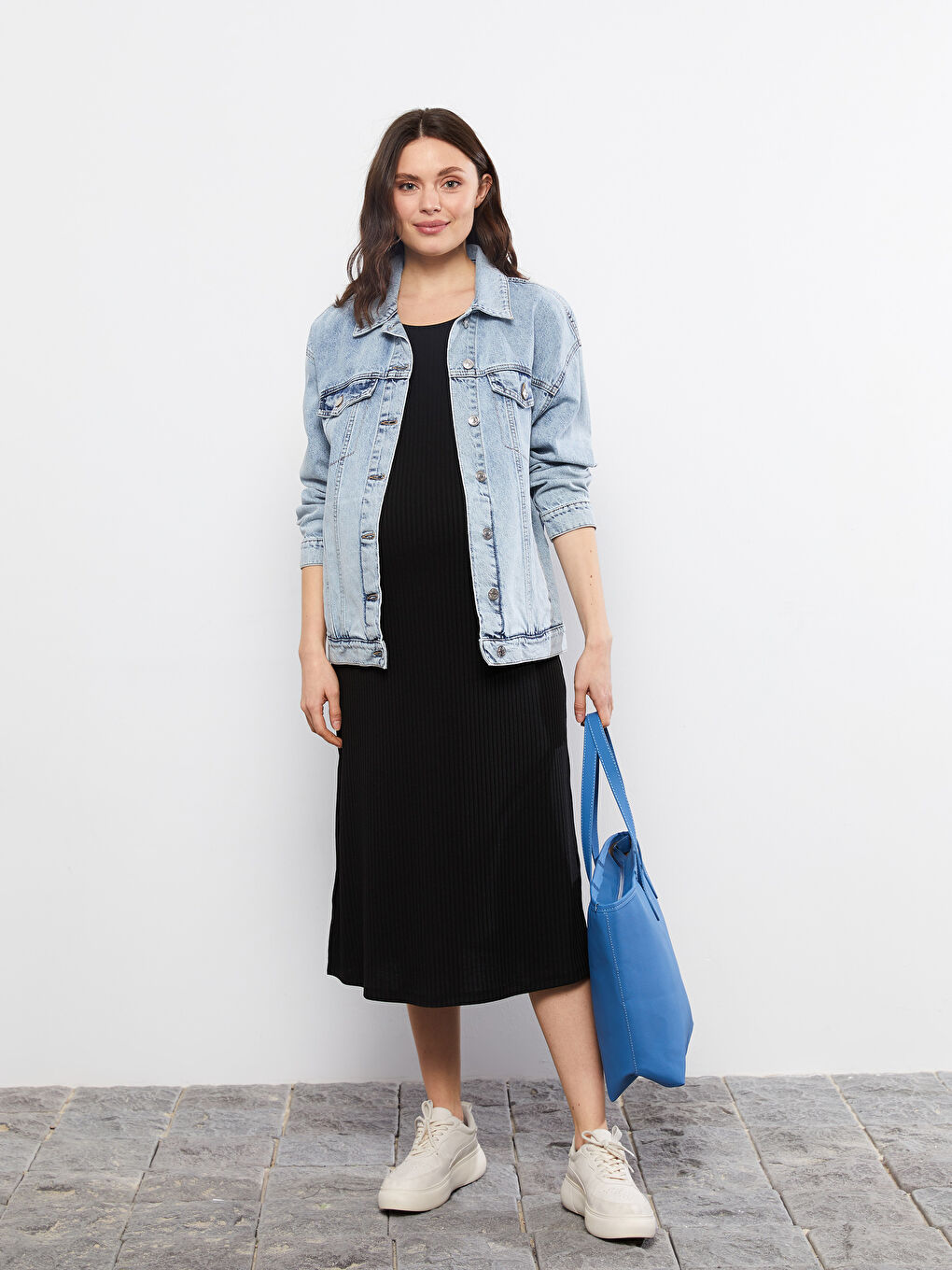 Siyah Bisiklet Yaka Düz Kolsuz Hamile Elbise-2