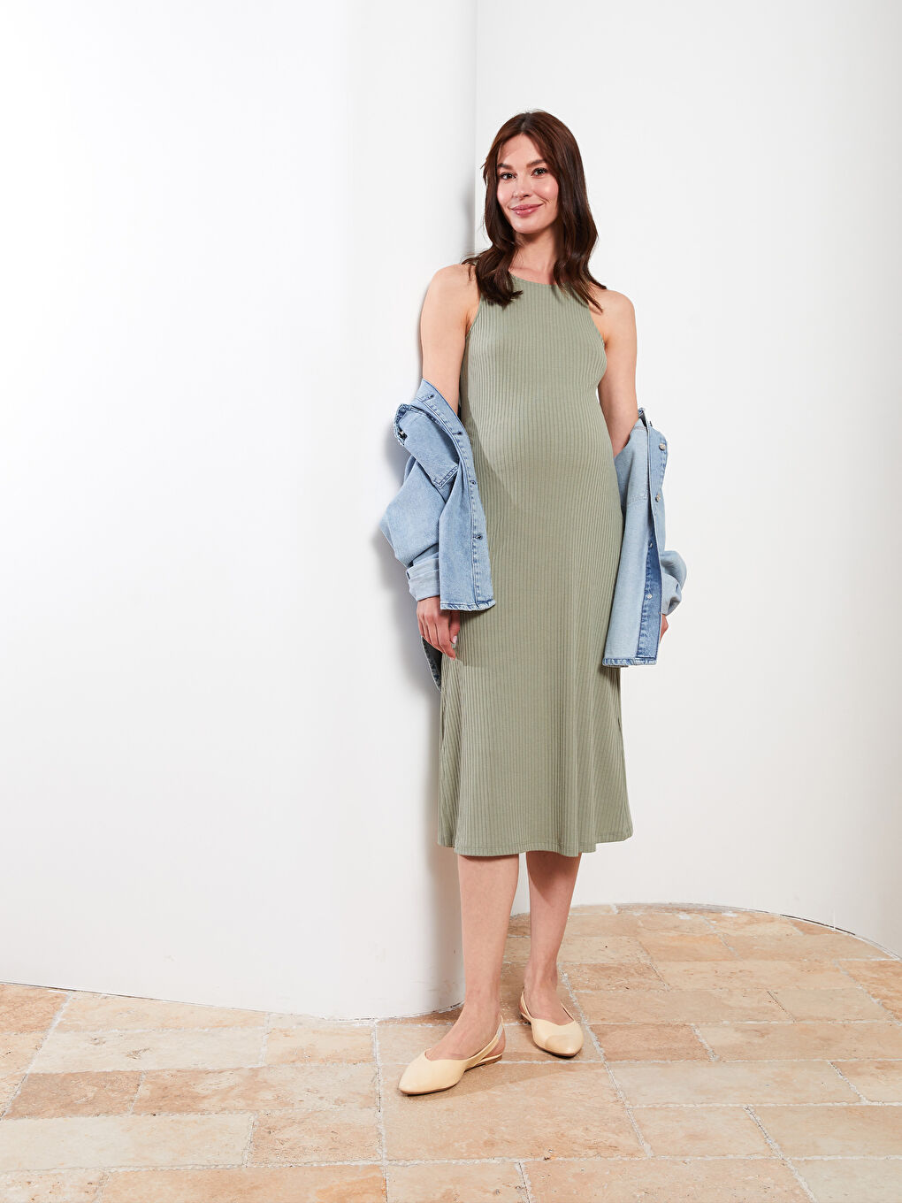 Yeşil Bisiklet Yaka Düz Kolsuz Hamile Elbise