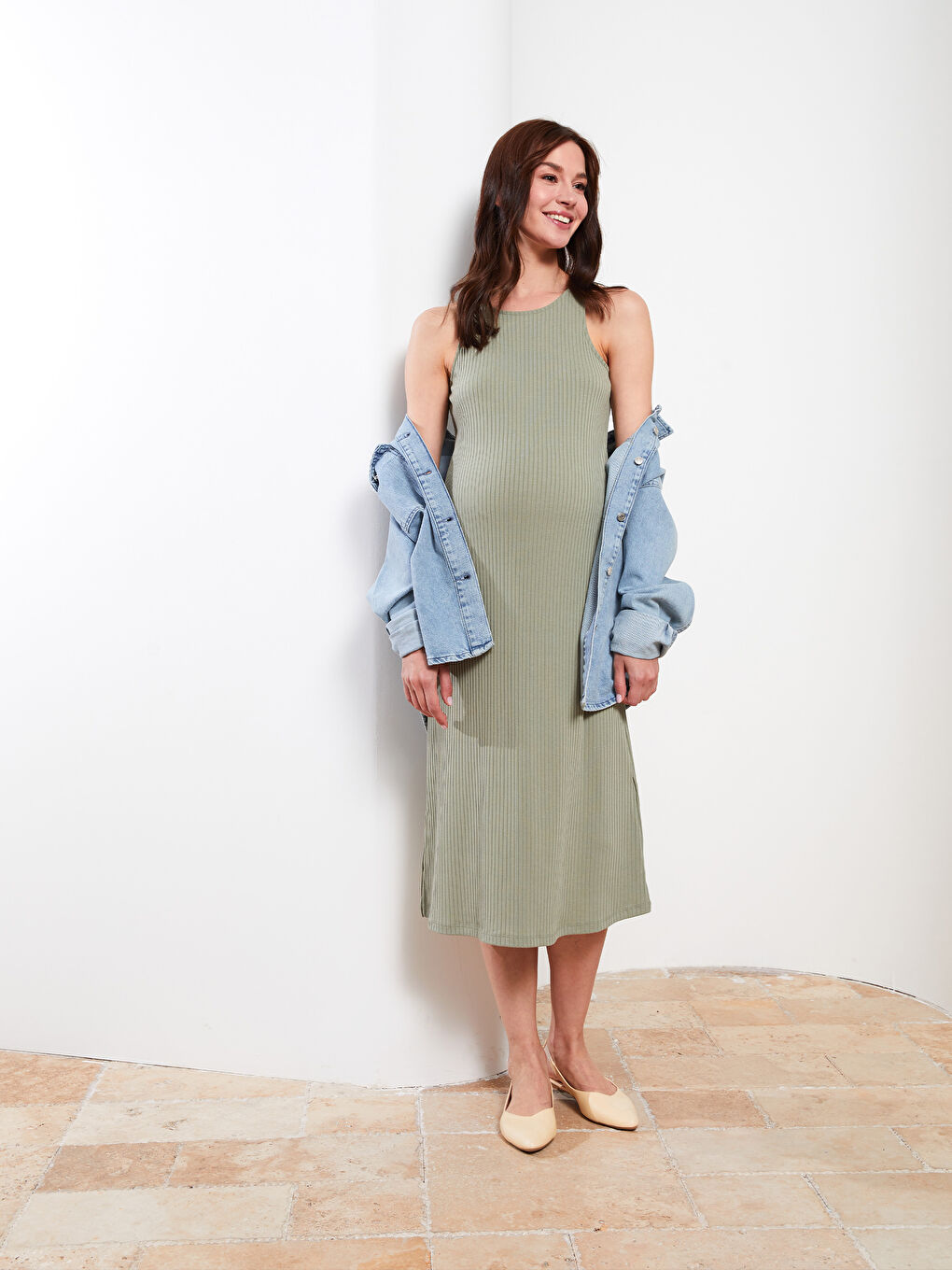 Yeşil Bisiklet Yaka Düz Kolsuz Hamile Elbise-1