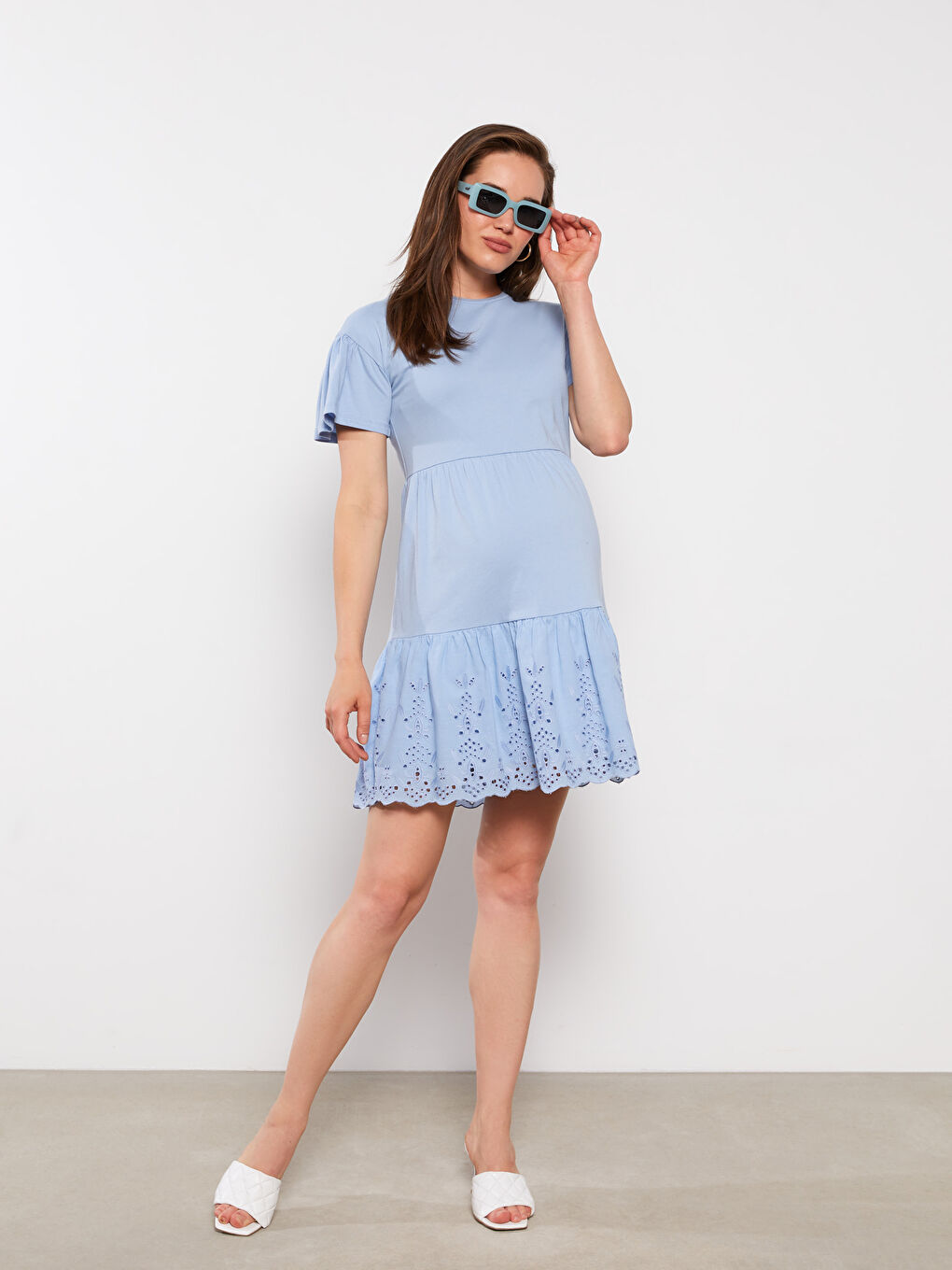 LCWAIKIKI Maternity Crew Neck Embroidered Short Sleeve Maternity Dress -S2J366Z8-GKM