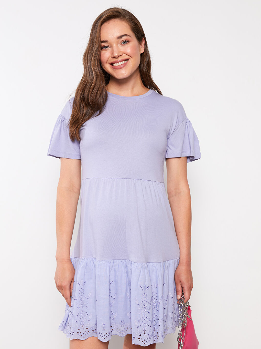 Lila Bisiklet Yaka Nakışlı Kısa Kollu Hamile Elbise-3