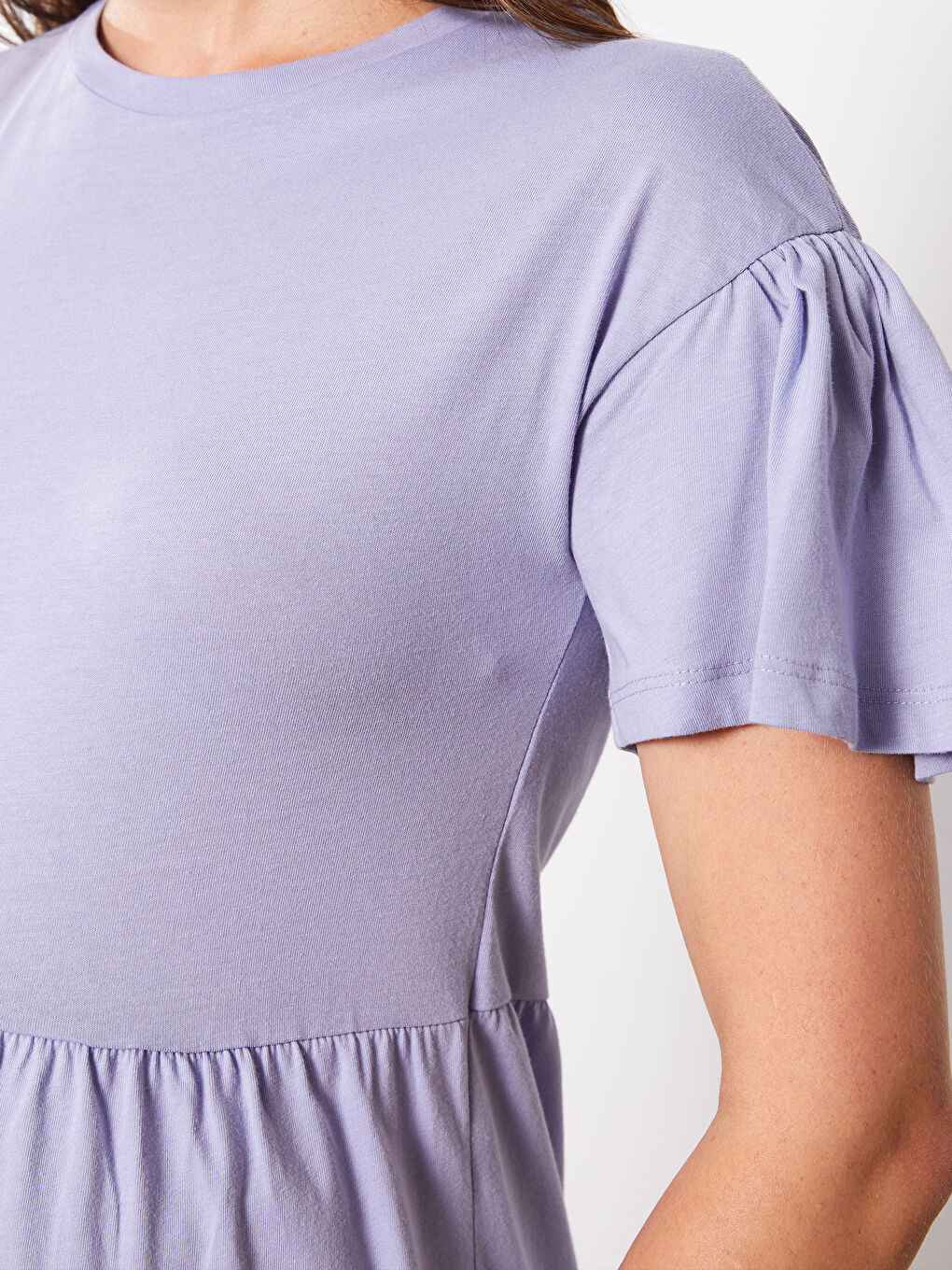 Lila Bisiklet Yaka Nakışlı Kısa Kollu Hamile Elbise-4