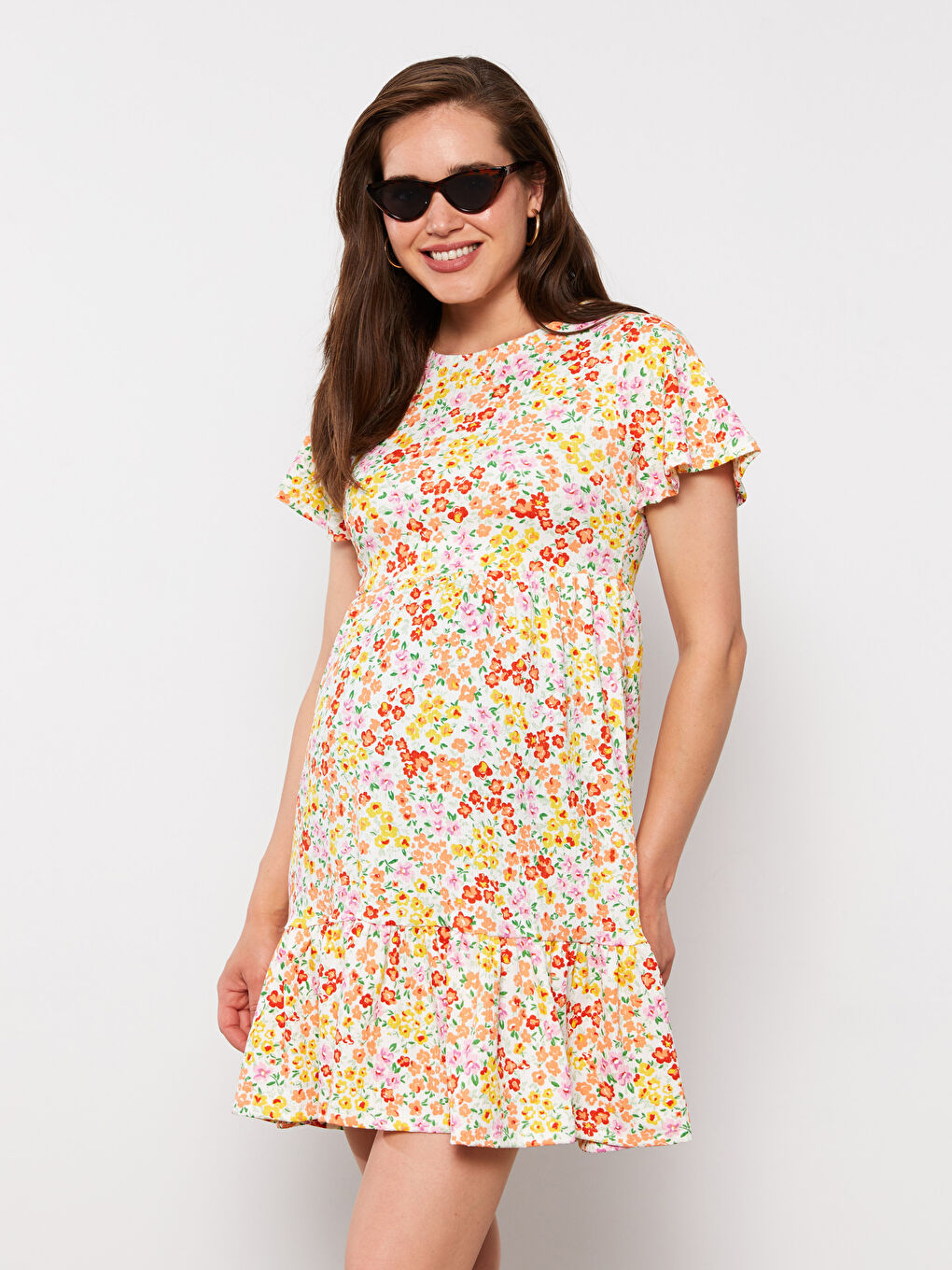 Crew Neck Floral Short Sleeve Crinkled Maternity Dress-2