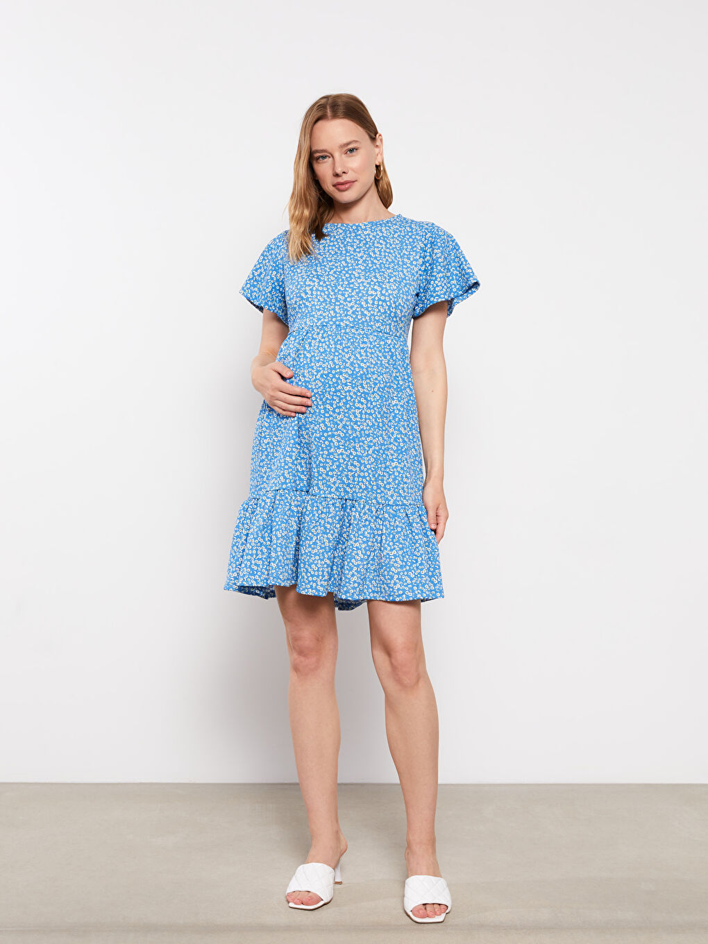 Mavi Bisiklet Yaka Desenli Kısa Kollu Krinkle Hamile Elbise