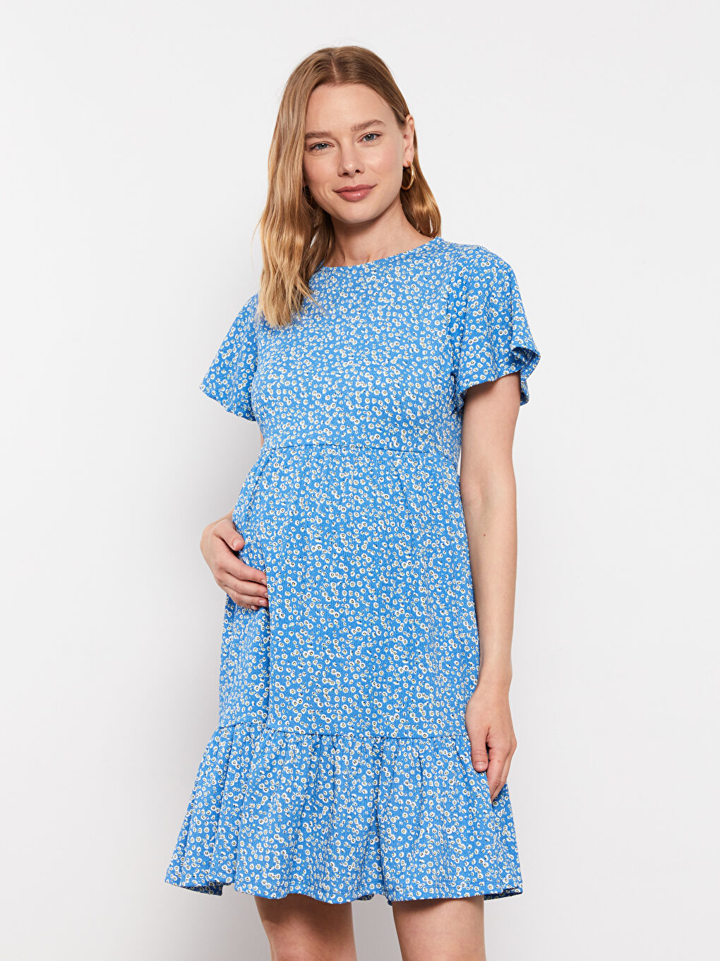 Mavi Bisiklet Yaka Desenli Kısa Kollu Krinkle Hamile Elbise-1