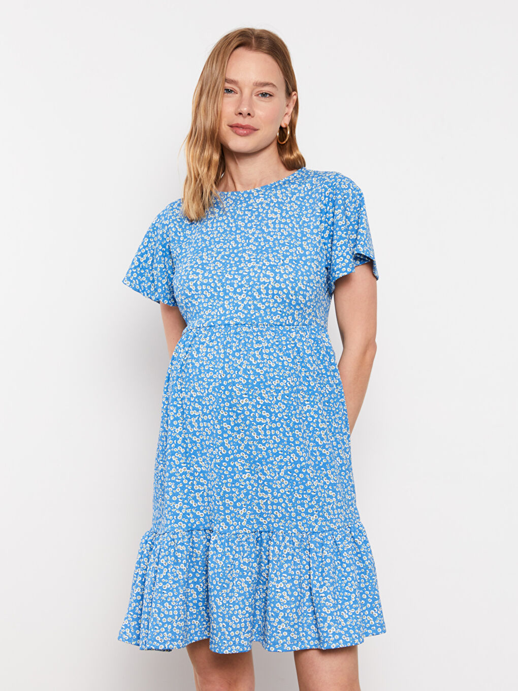 Mavi Bisiklet Yaka Desenli Kısa Kollu Krinkle Hamile Elbise-2