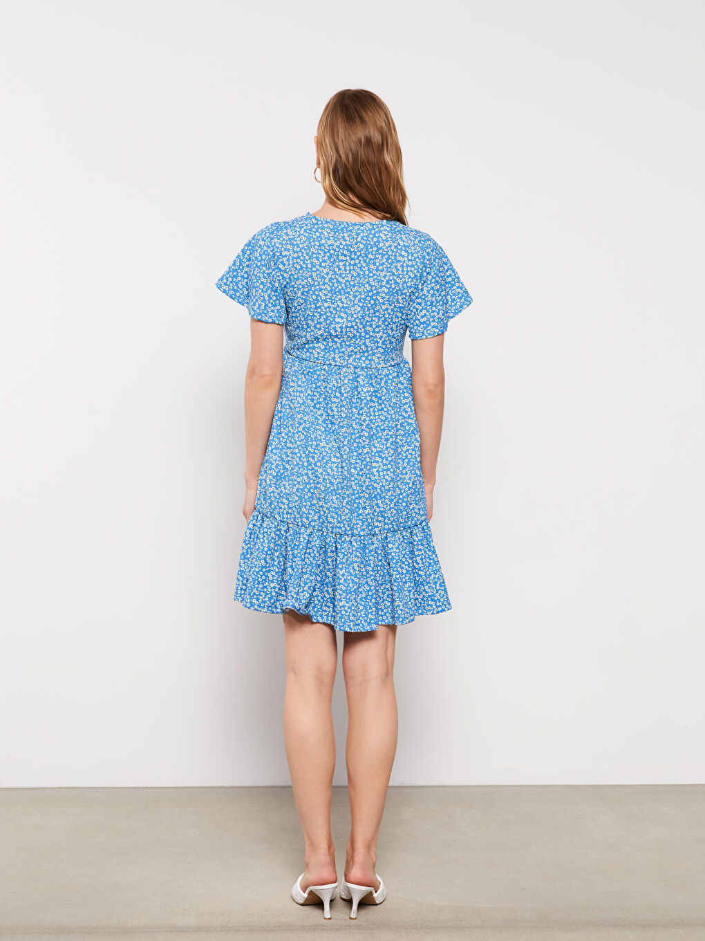 Mavi Bisiklet Yaka Desenli Kısa Kollu Krinkle Hamile Elbise-4