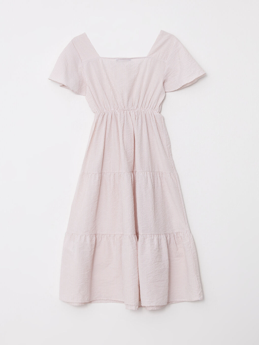 Bej Kare Yaka Çizgili Kısa Kollu Hamile Elbise-6