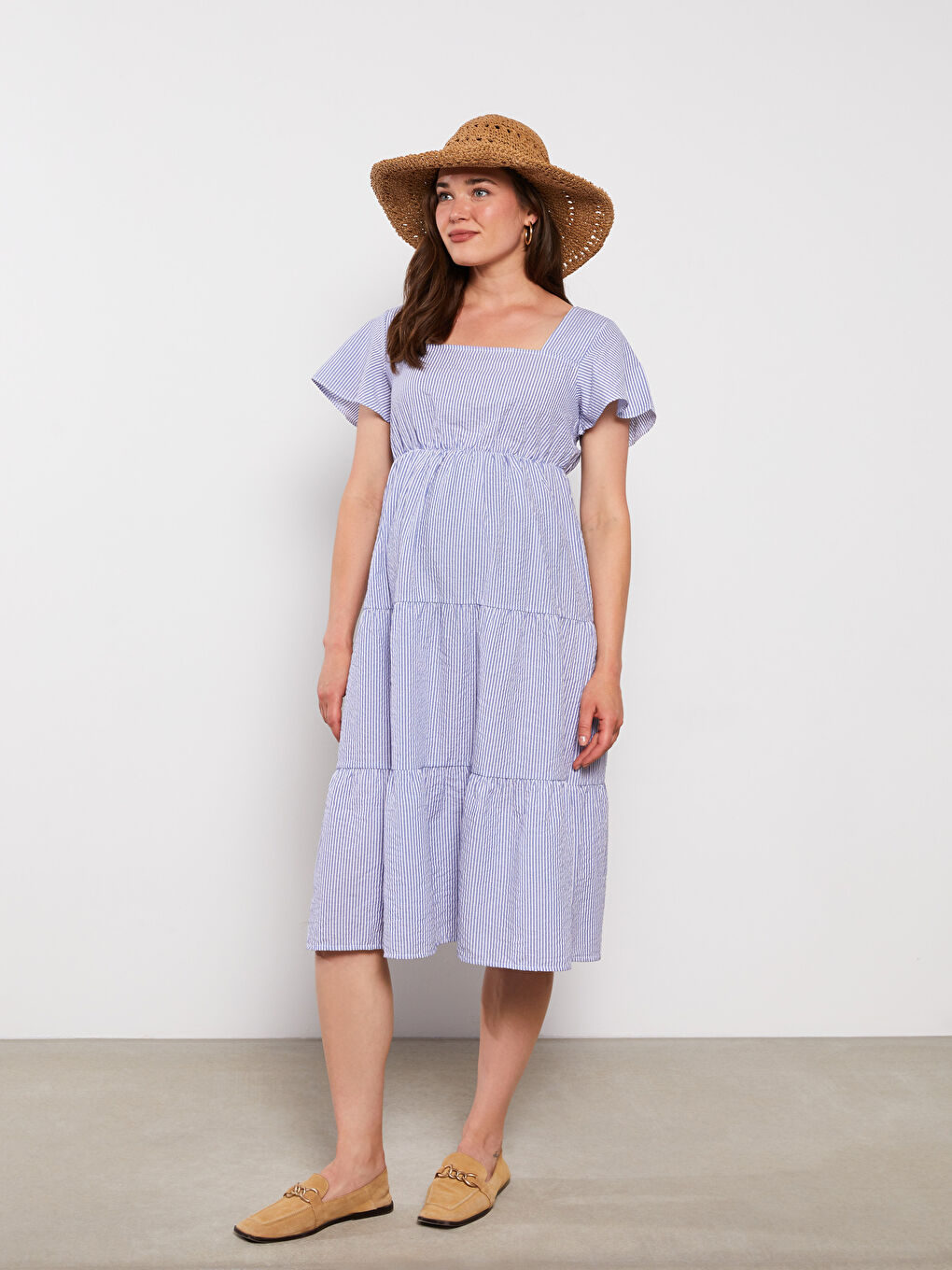 Mavi Kare Yaka Çizgili Kısa Kollu Hamile Elbise