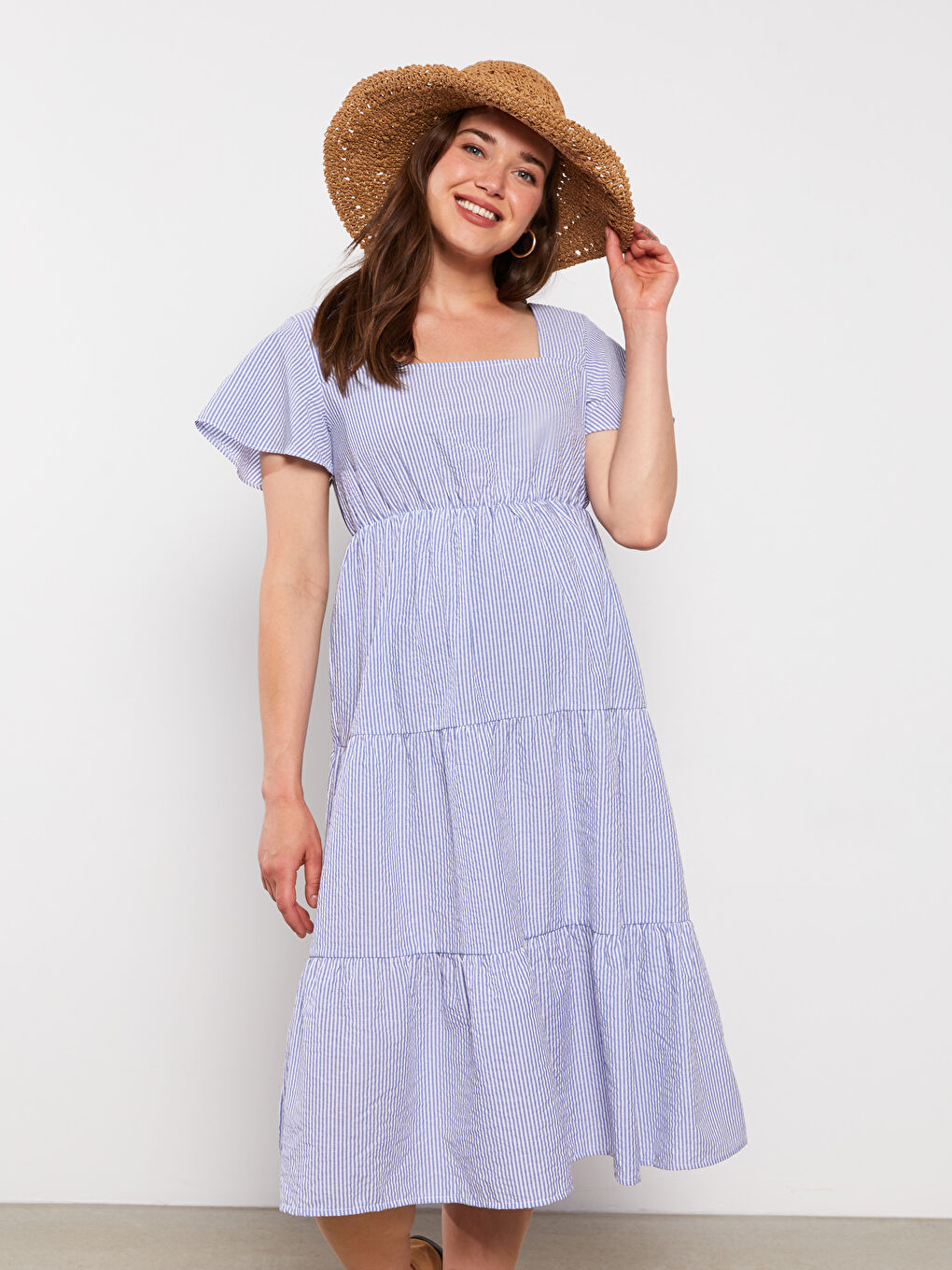 Mavi Kare Yaka Çizgili Kısa Kollu Hamile Elbise-1