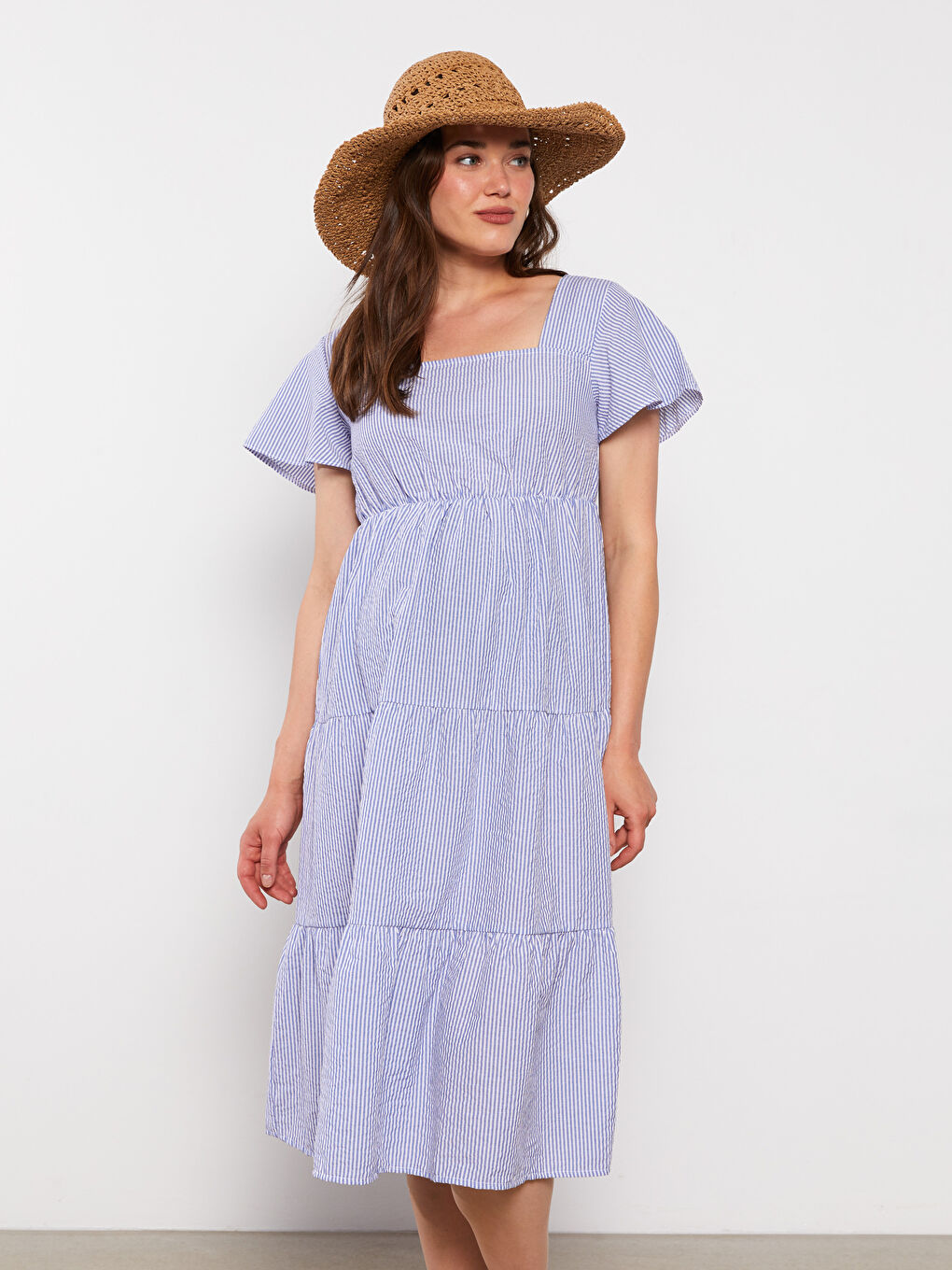 Mavi Kare Yaka Çizgili Kısa Kollu Hamile Elbise-2