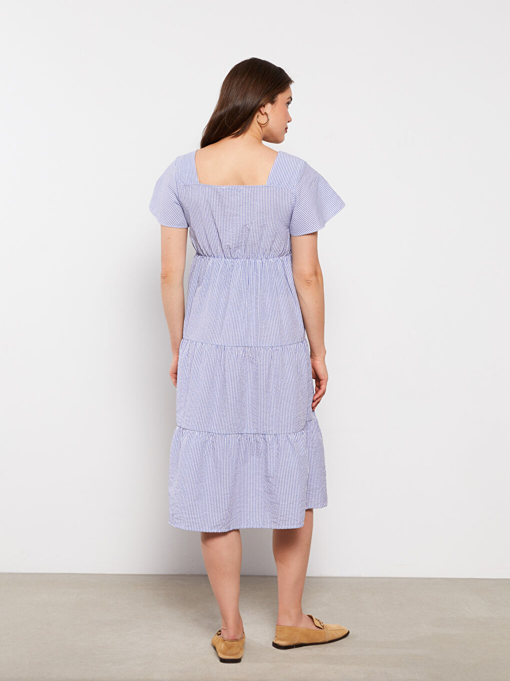 Mavi Kare Yaka Çizgili Kısa Kollu Hamile Elbise-4