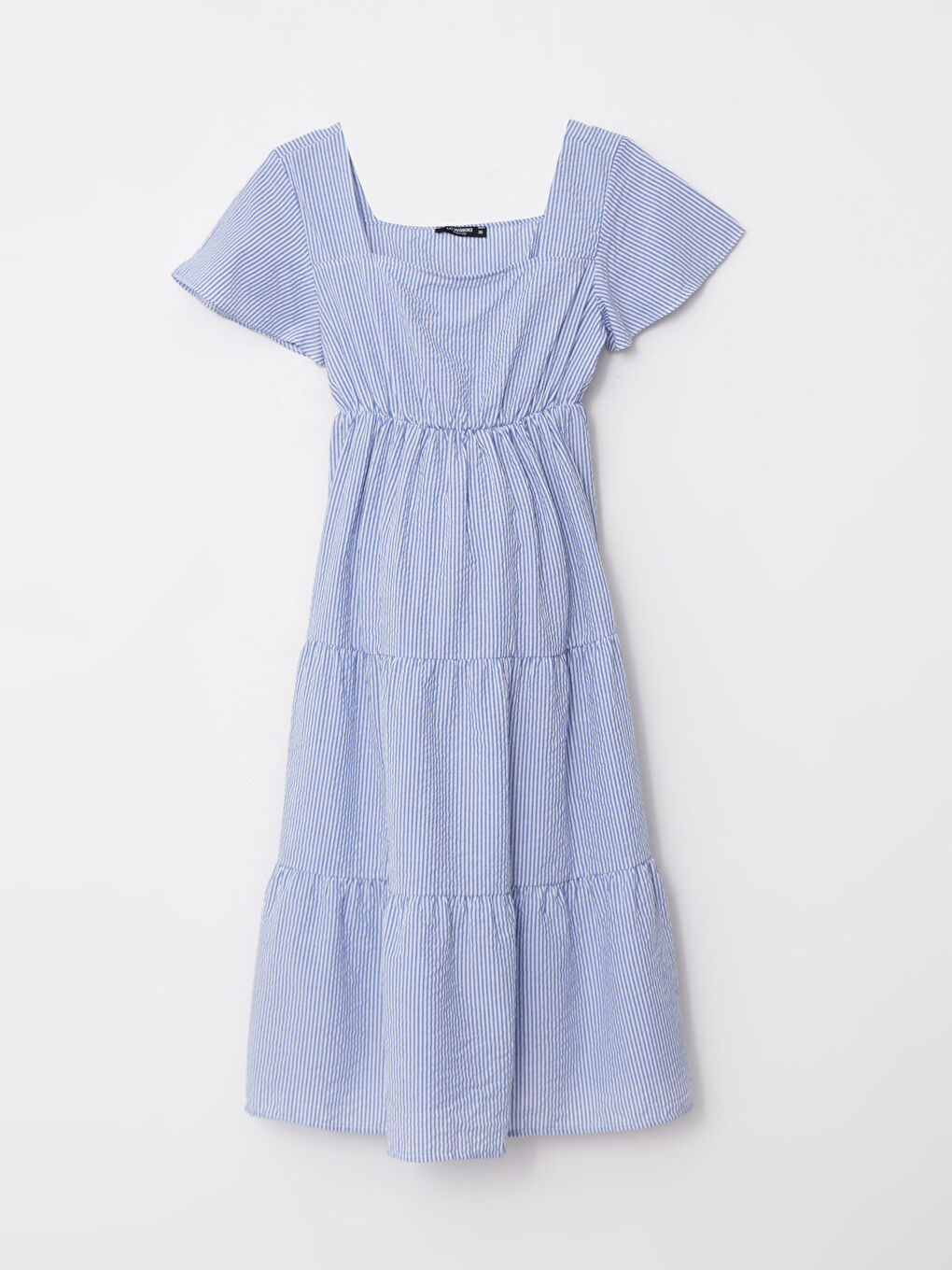 Mavi Kare Yaka Çizgili Kısa Kollu Hamile Elbise-5