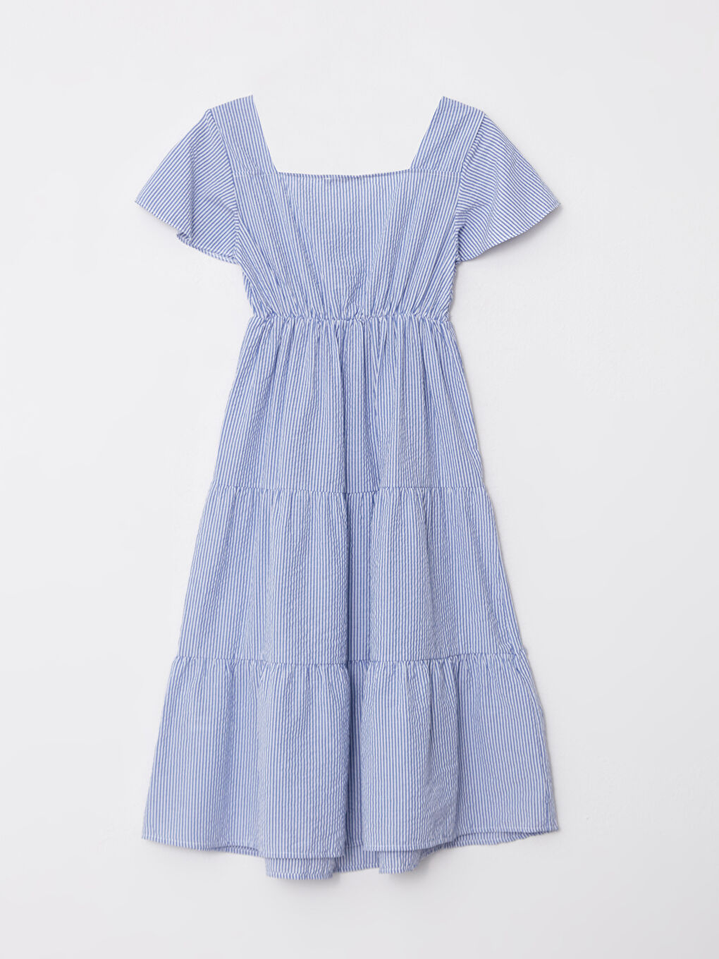 Mavi Kare Yaka Çizgili Kısa Kollu Hamile Elbise-6