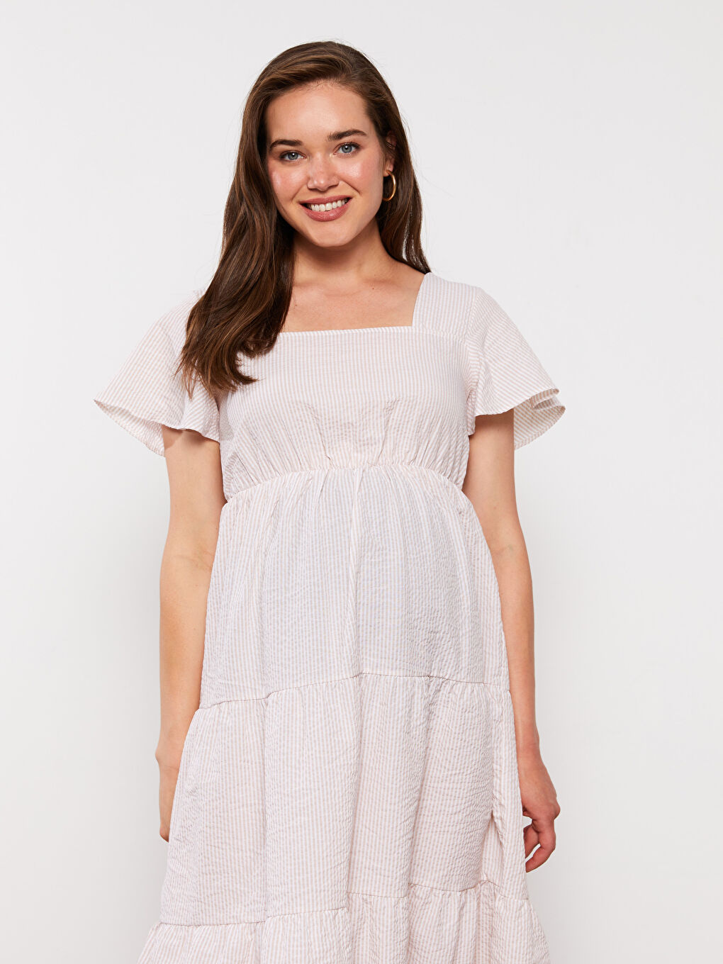 Bej Kare Yaka Çizgili Kısa Kollu Hamile Elbise-2