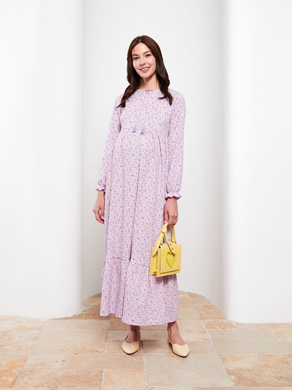 Tie Collar Patterned Long Sleeve Crinkled Maternity Dress