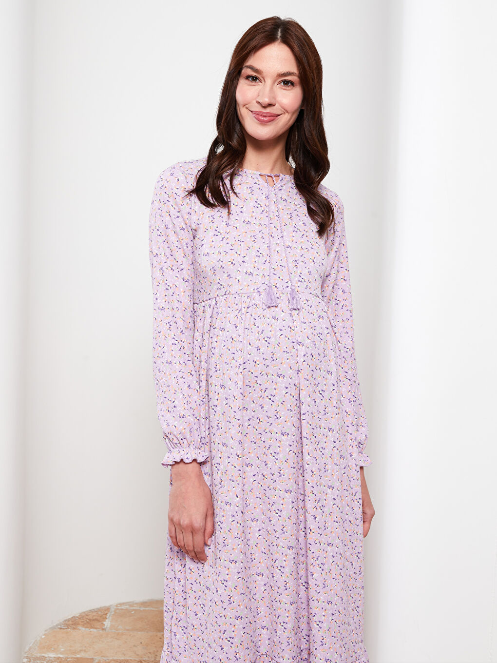 Tie Collar Patterned Long Sleeve Crinkled Maternity Dress-1