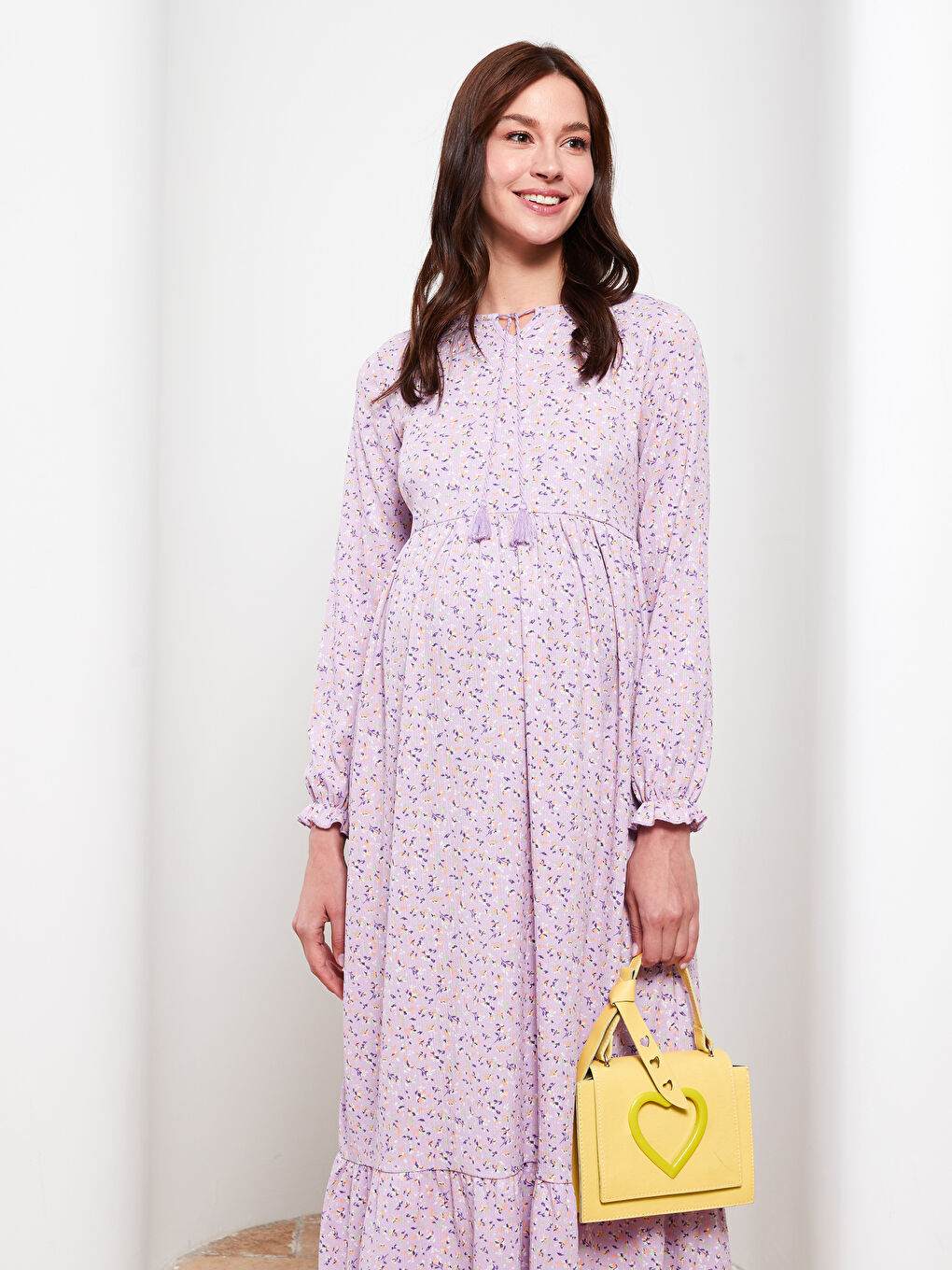 Tie Collar Patterned Long Sleeve Crinkled Maternity Dress-2