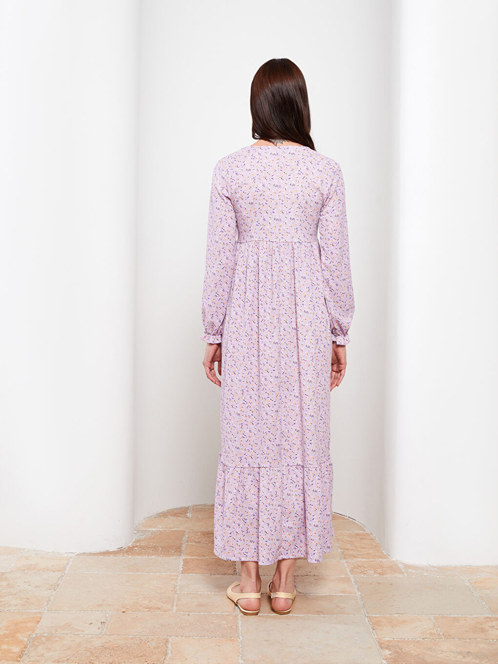 Tie Collar Patterned Long Sleeve Crinkled Maternity Dress-4