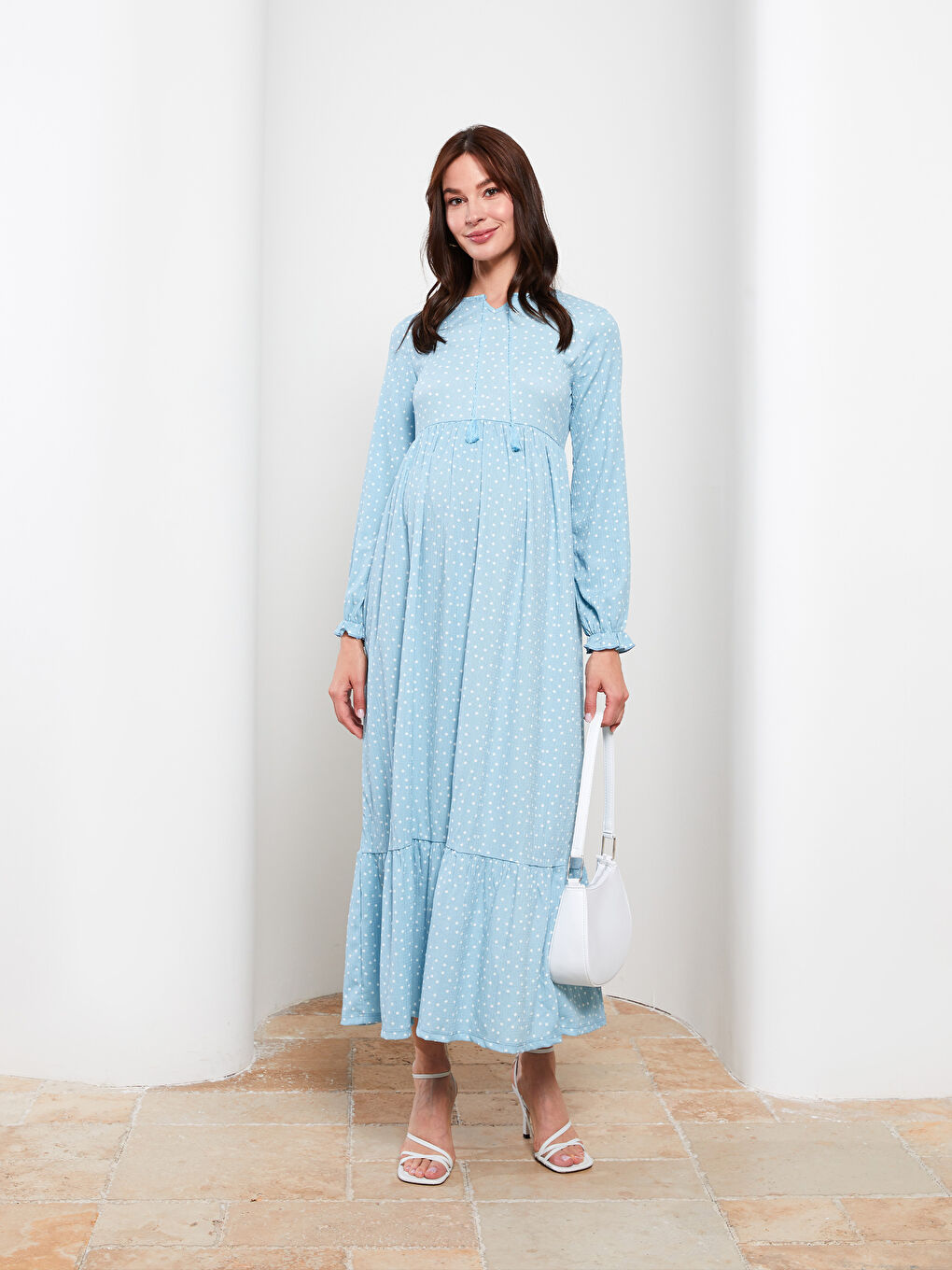 Turkuaz Bağlamalı Yaka Puantiyeli Uzun Kollu Krinkle Hamile Elbise