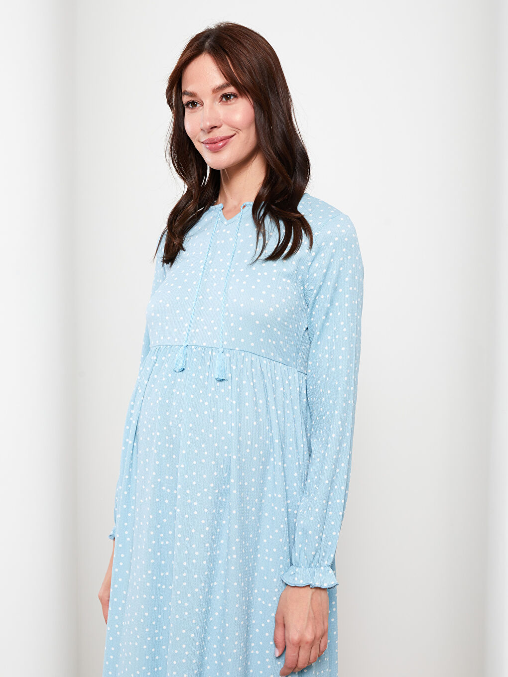 Turkuaz Bağlamalı Yaka Puantiyeli Uzun Kollu Krinkle Hamile Elbise-2